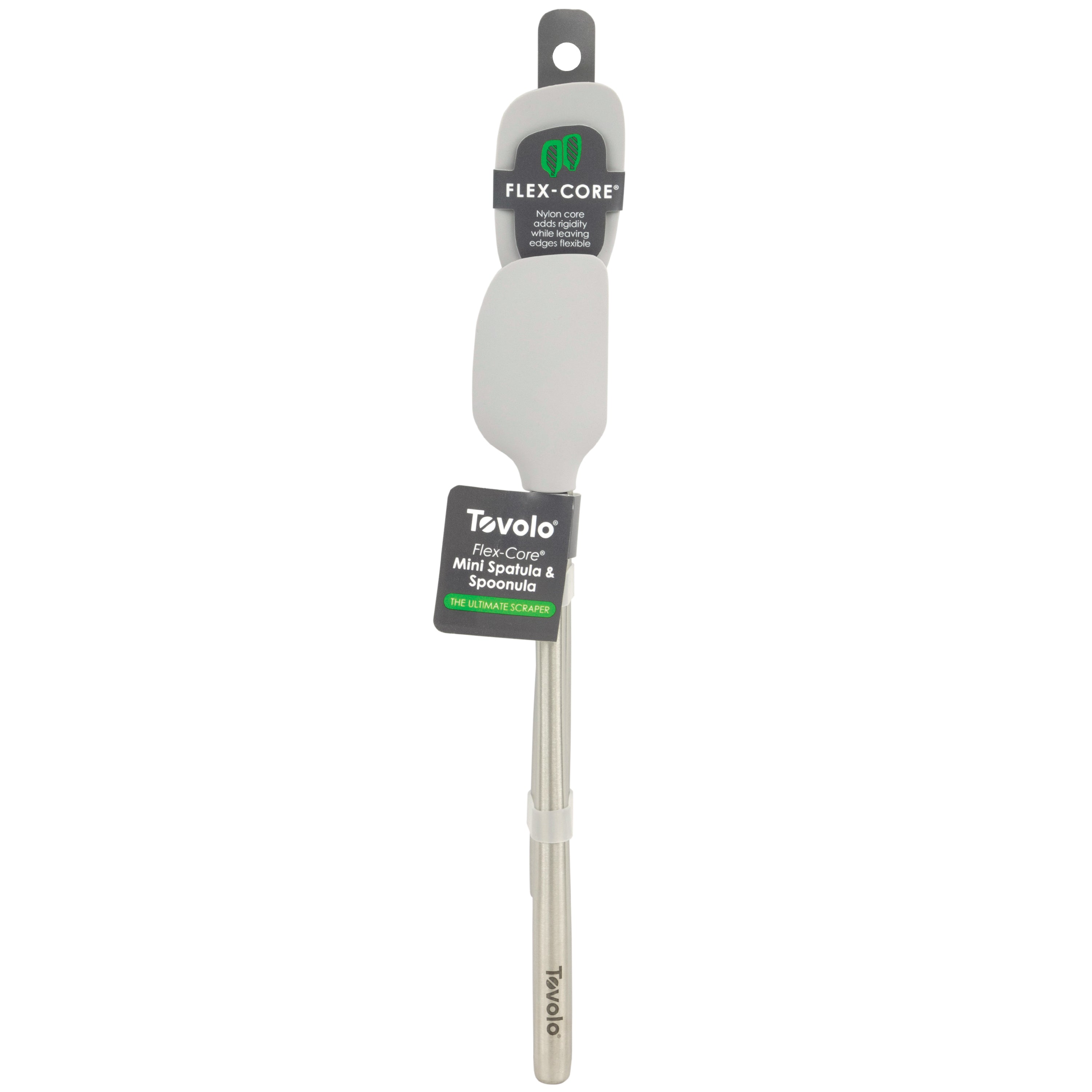 The Flex-Core Mini Spat + Spoonula set includes a white, heat-resistant silicone mini spatula and spoonula with stainless steel handles, shown in packaging against a white background.