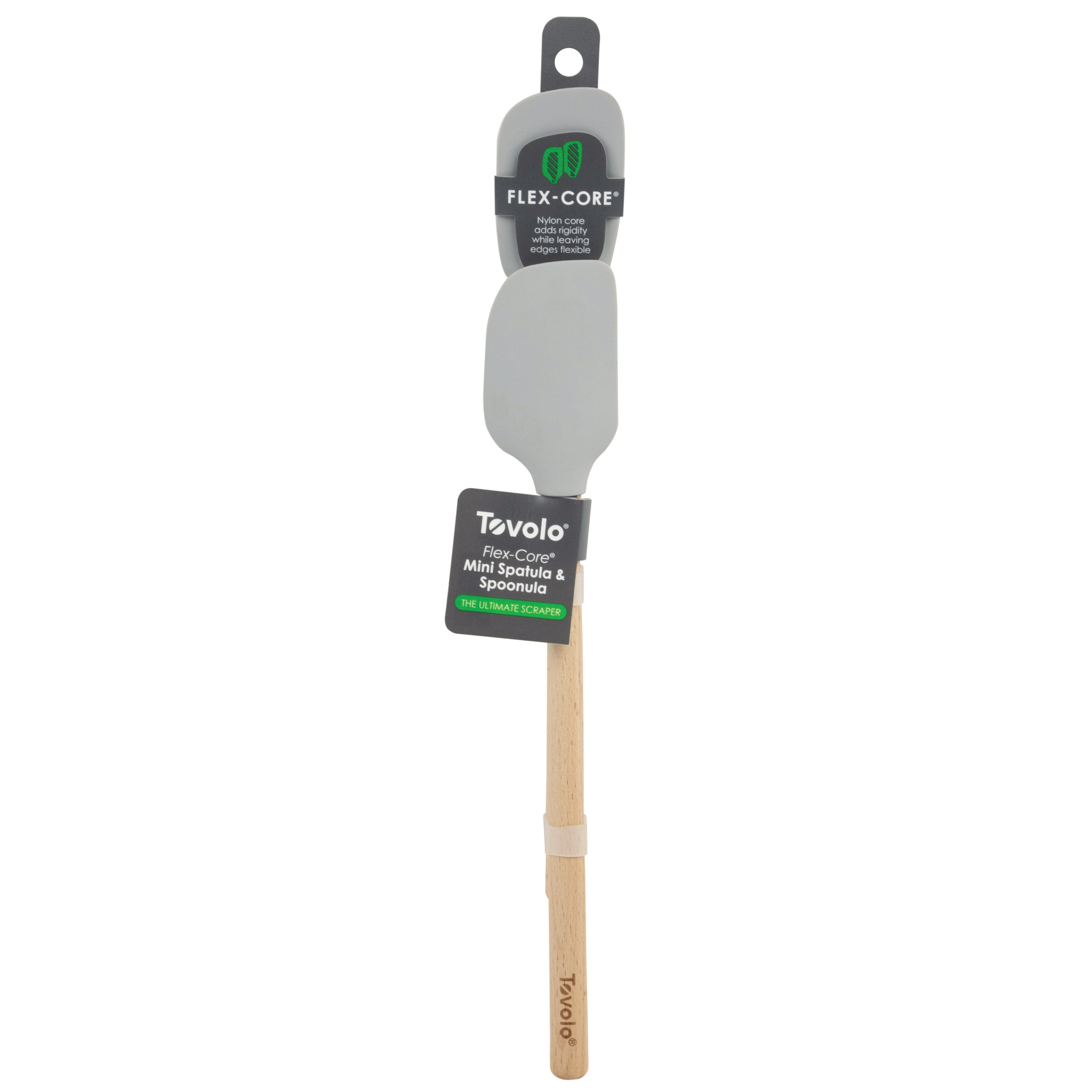 The Flex-Core Mini Spat + Spoonula is a gray silicone spatula and spoonula with a wooden handle, heat-resistant and still in its packaging.