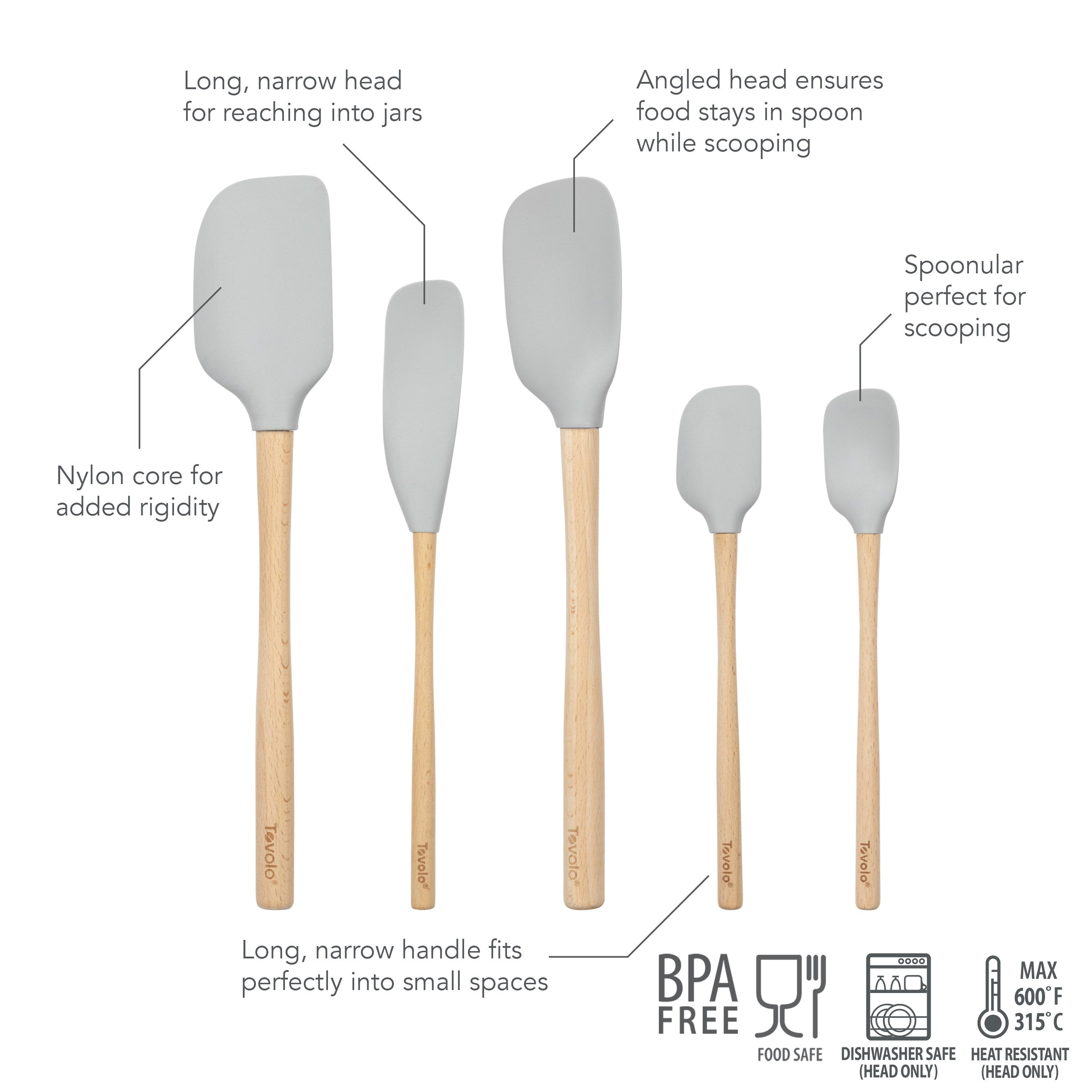 The Flex-Core Wood-Handle Spatula Set of 5 includes gray silicone spatulas in assorted shapes and sizes, each labeled for specific uses like jar scraping and mixing. BPA free and dishwasher safe.