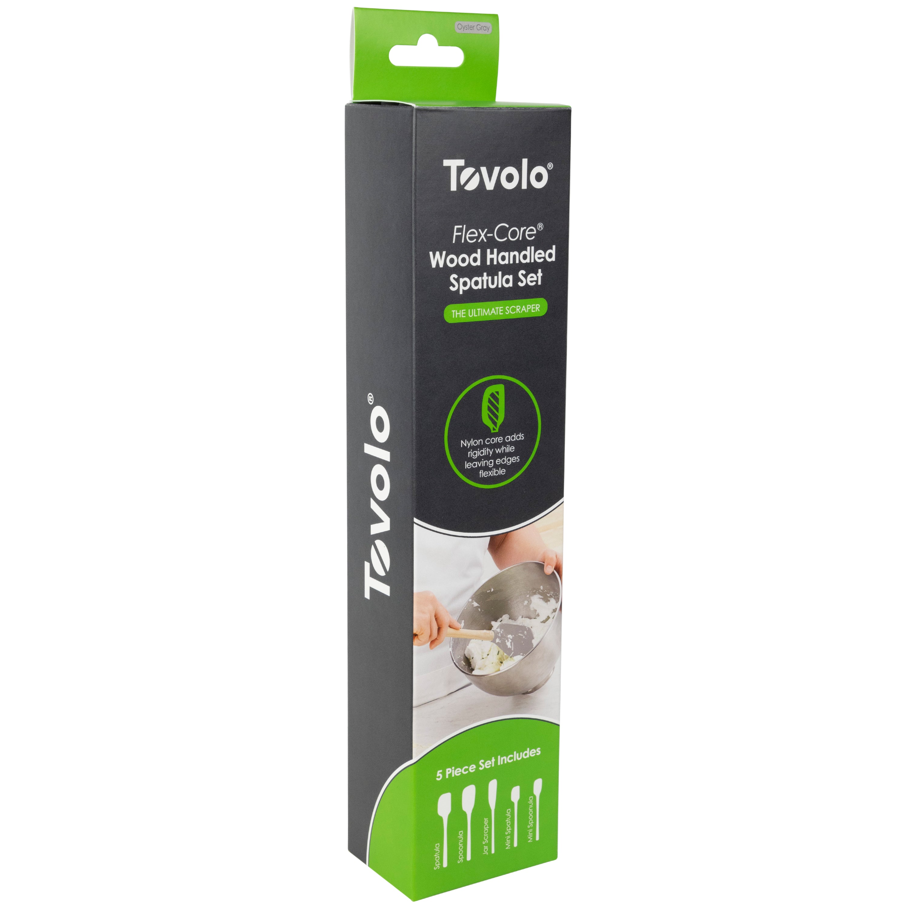 A green and black box for the Flex-Core Wood-Handle Spatula Set of 5, showing product details, a photo of a hand mixing batter in a bowl, and silhouettes of five spatulas, including a Classic Spatula and Jar Scraper.