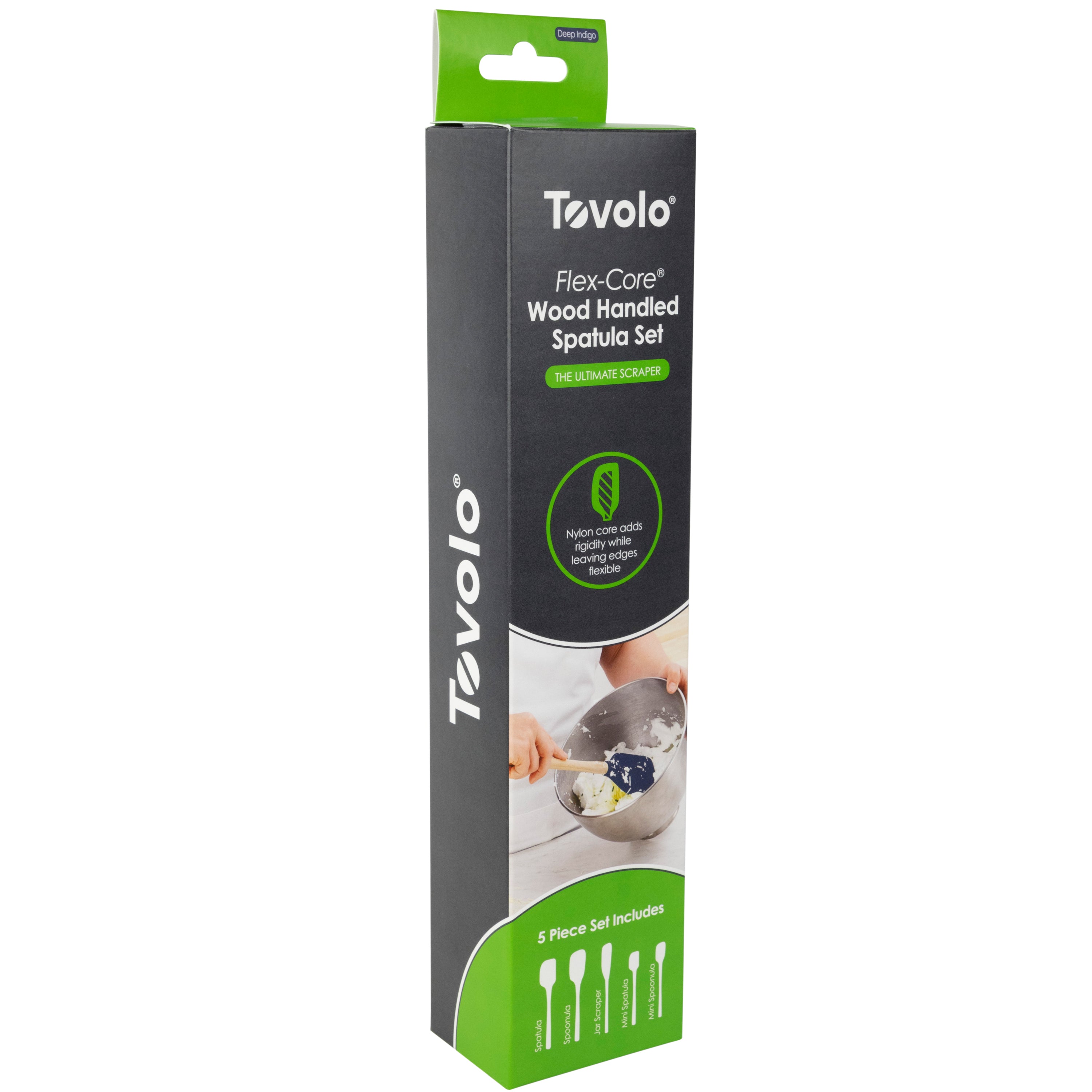 A green and black box of the Flex-Core Wood-Handle Spatula Set of 5, featuring a Classic Spatula and Jar Scraper. The image shows a hand mixing ingredients in a bowl with one of the spatulas.