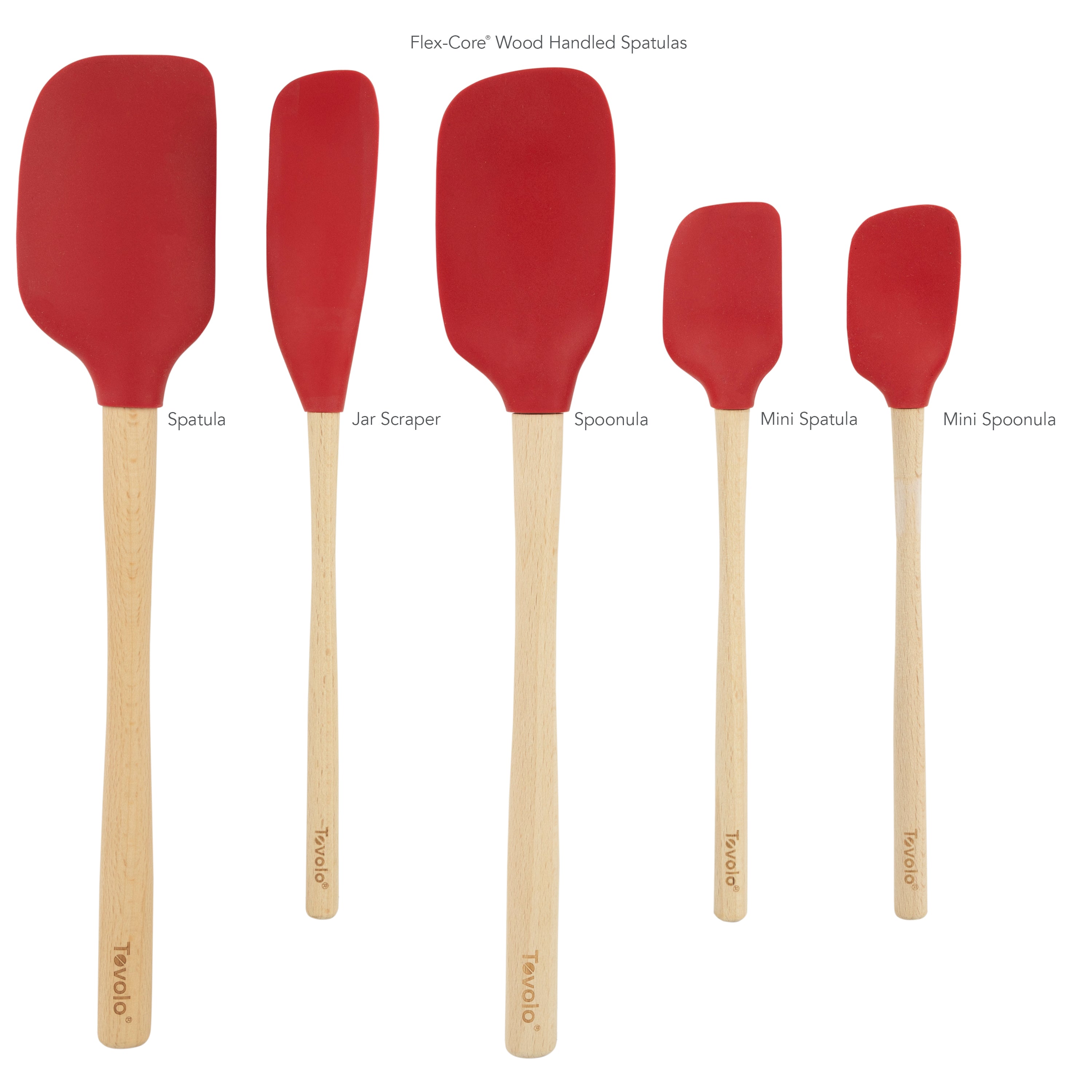 Five pieces from the Flex-Core Wood-Handle Spatula Set of 5—Classic Spatula, Jar Scraper, Spoonula, Mini Spatula, and Mini Spoonula—stand upright with red heads and wooden handles against a white background.