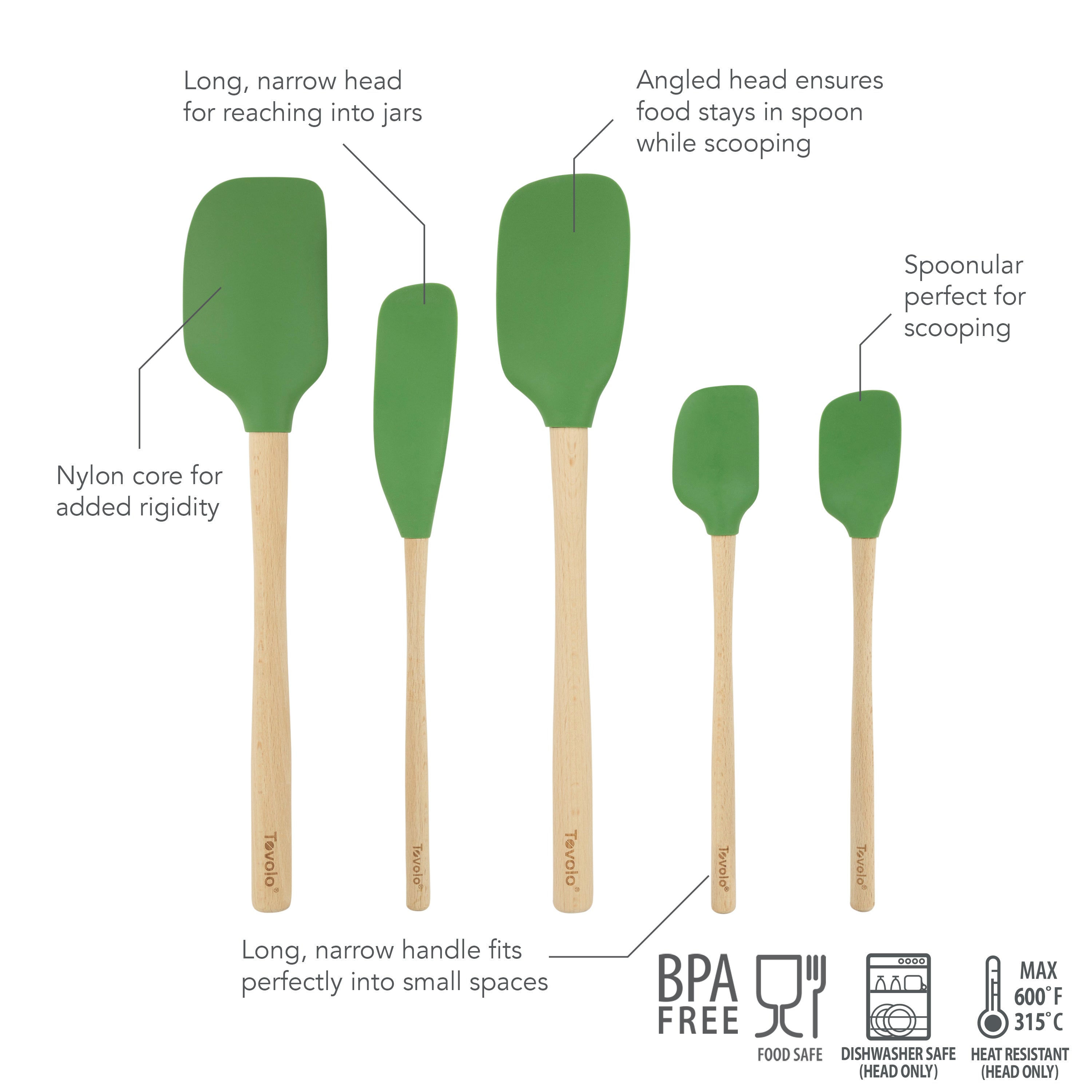 The Flex-Core Wood-Handle Spatula Set of 5 includes green, various-sized spatulas such as a classic and jar scraper; featuring angled heads, food-safe, BPA-free, dishwasher-safe heads, and heat resistance.