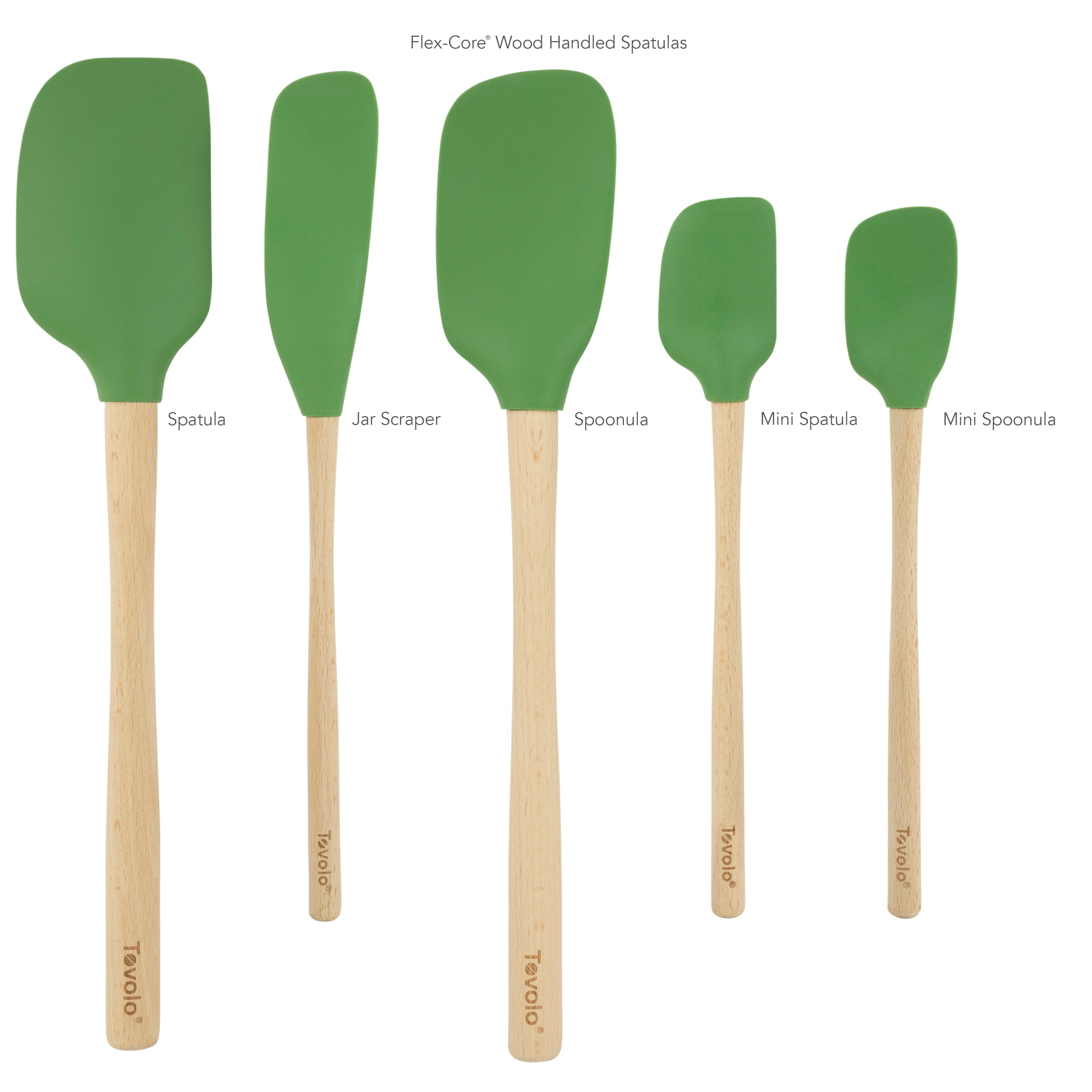 Five green Tovolo Flex-Core Wood-Handle Spatulas—a Classic Spatula, Jar Scraper, Spoonula, Mini Spatula, and Mini Spoonula—are lined up by size, each featuring the Tovolo name on its wooden handle.