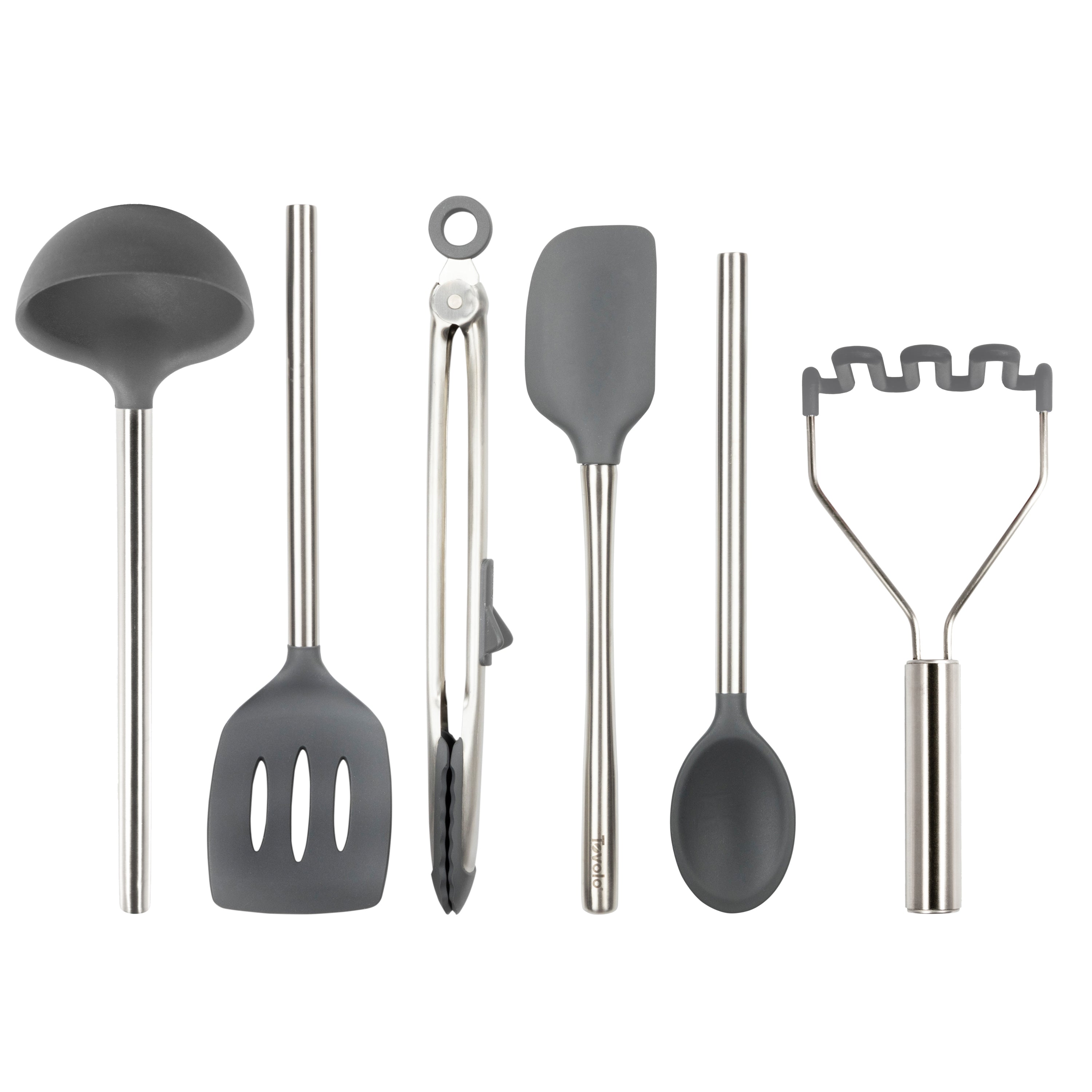 The Silicone Utensil Set of 6 includes heat-resistant ladle, slotted spatula, tongs, spatula, spoon, and potato masher with stainless steel handles and non-scratch silicone heads, all displayed on a white background.