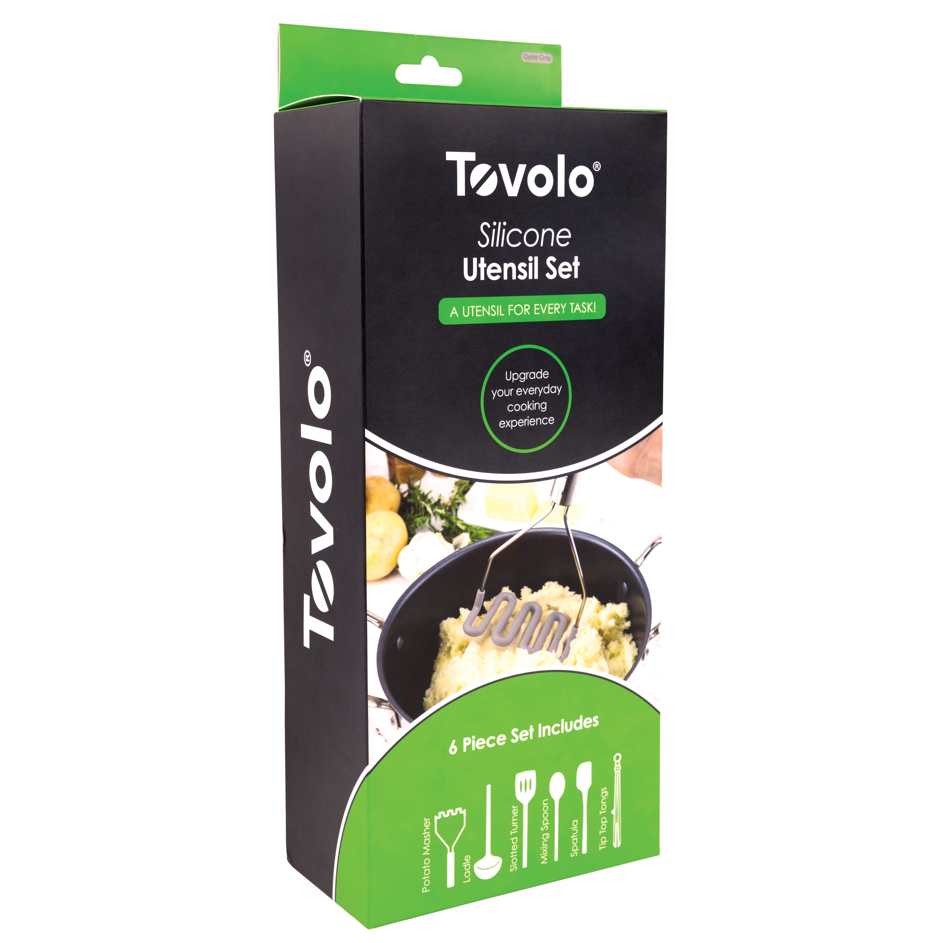 A black and green box of the Silicone Utensil Set of 6 displays non-scratch, heat-resistant utensils in use, product details, and icons representing all six included utensils.