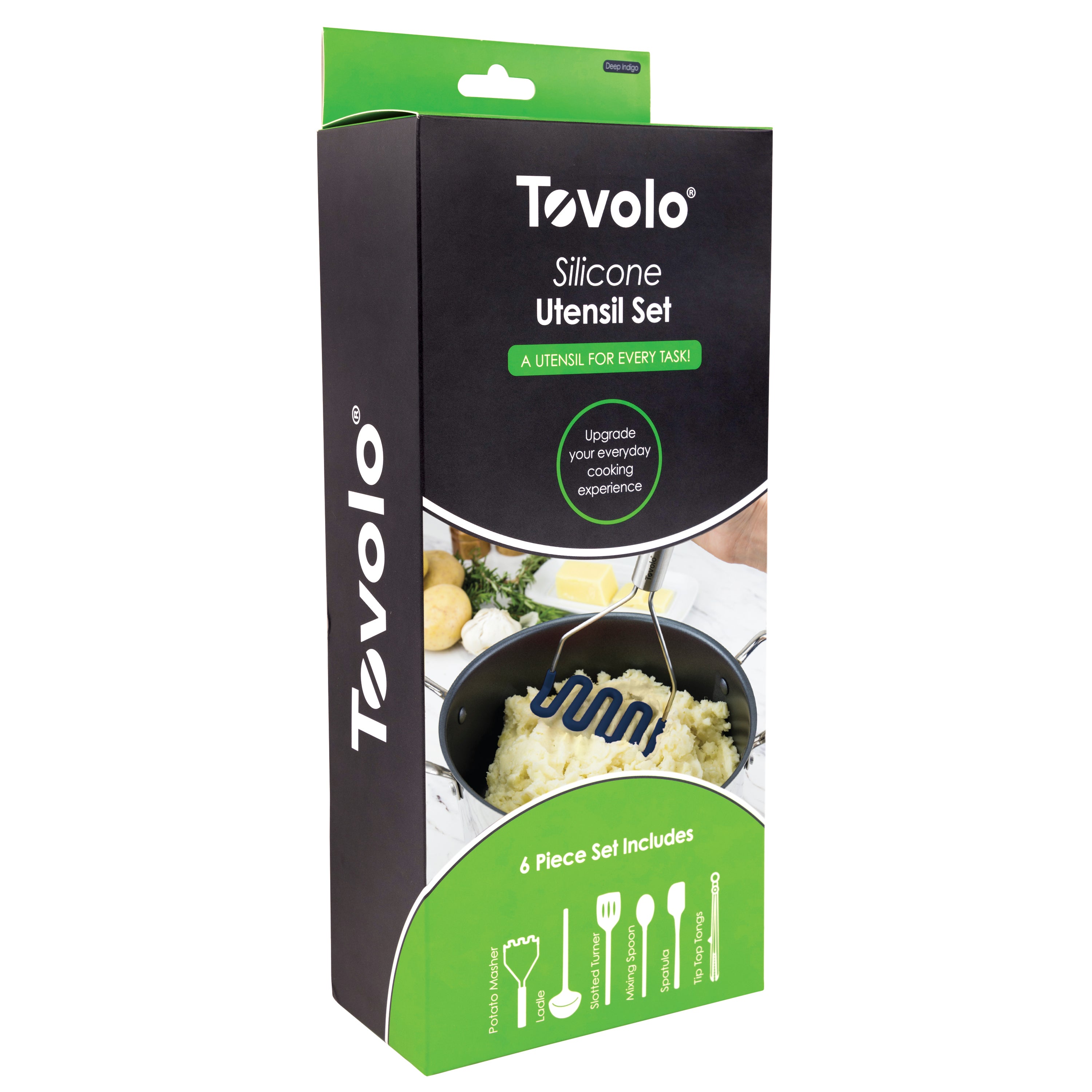 A black and green box labeled Silicone Utensil Set of 6 shows a photo of non-scratch, heat resistant silicone utensils mashing potatoes in a pan, with icons illustrating each utensil included in this 6-piece set.