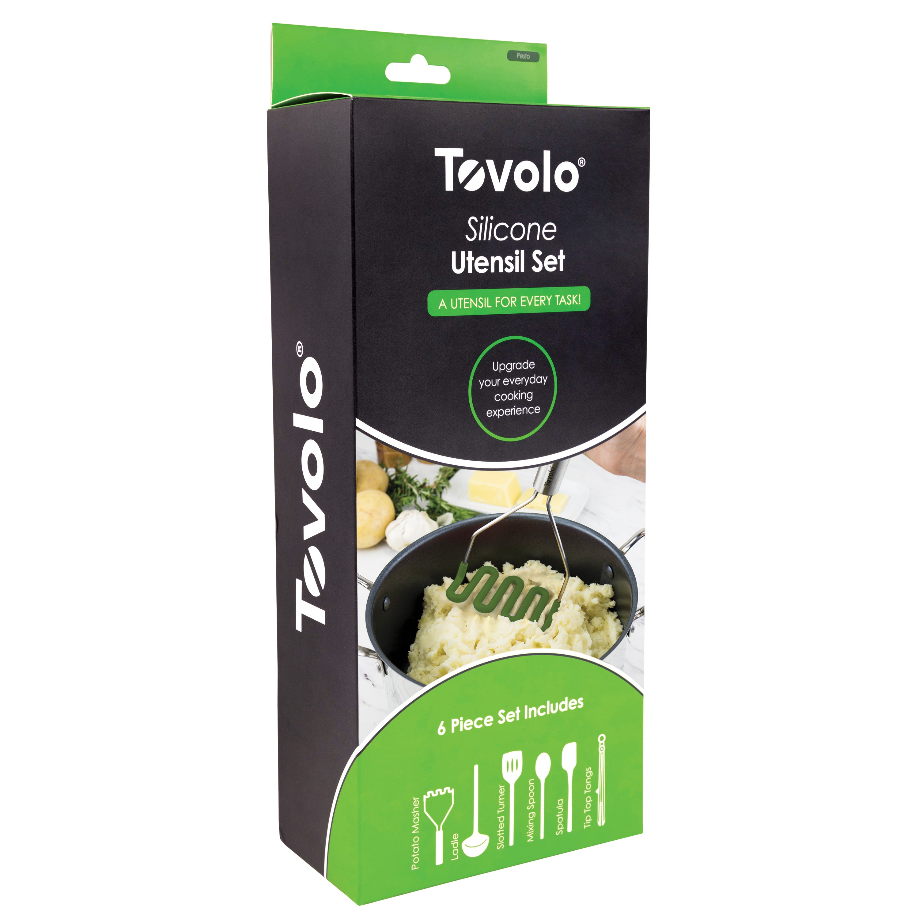 A green and black box of Silicone Utensil Set of 6 with a mashed potato image, illustrations of heat resistant utensils, and text highlighting the non-scratch silicone design to enhance your cooking experience.