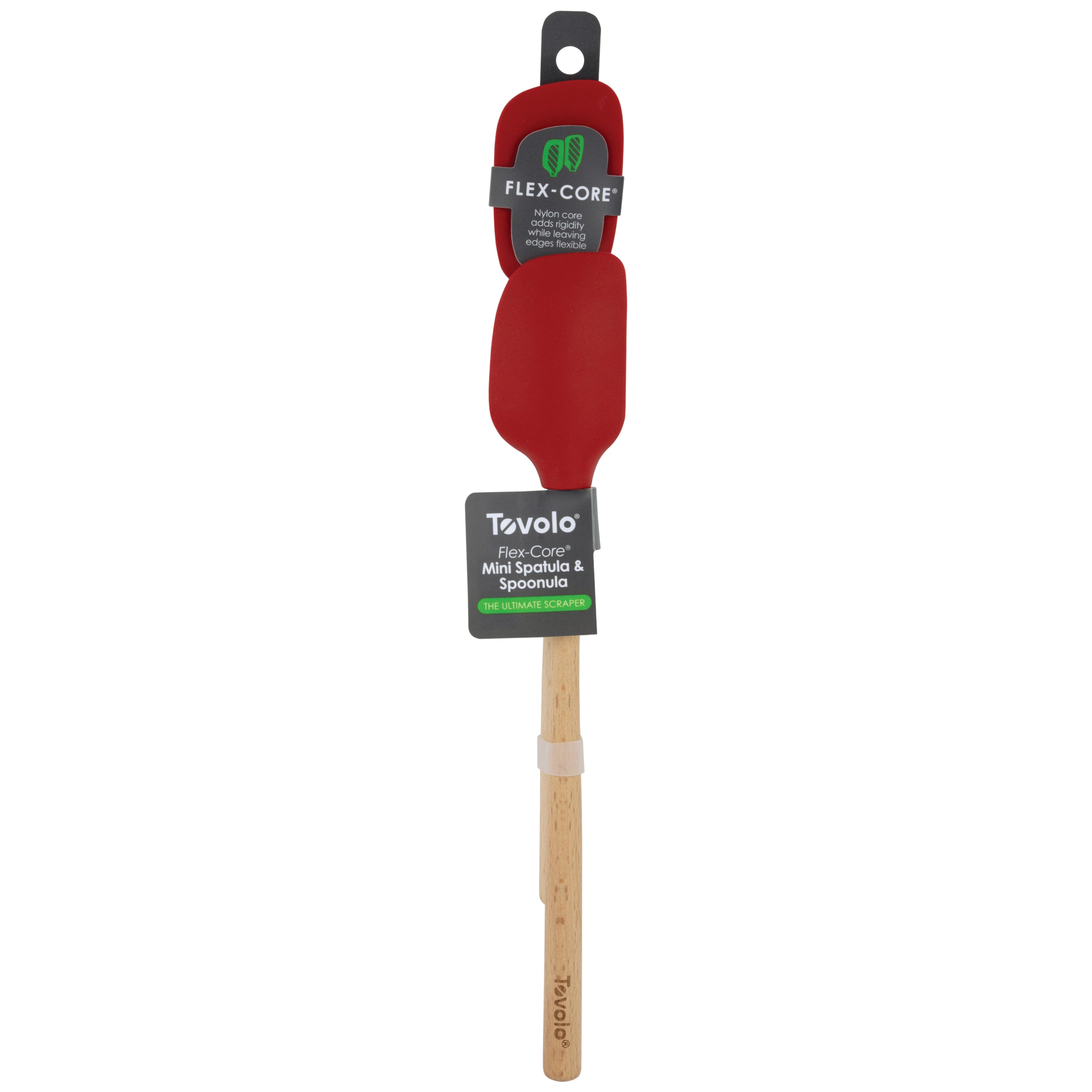 The Flex-Core Mini Spat + Spoonula is a red silicone mini spatula with a wooden handle, heat-resistant and displayed in its Tovolo packaging.