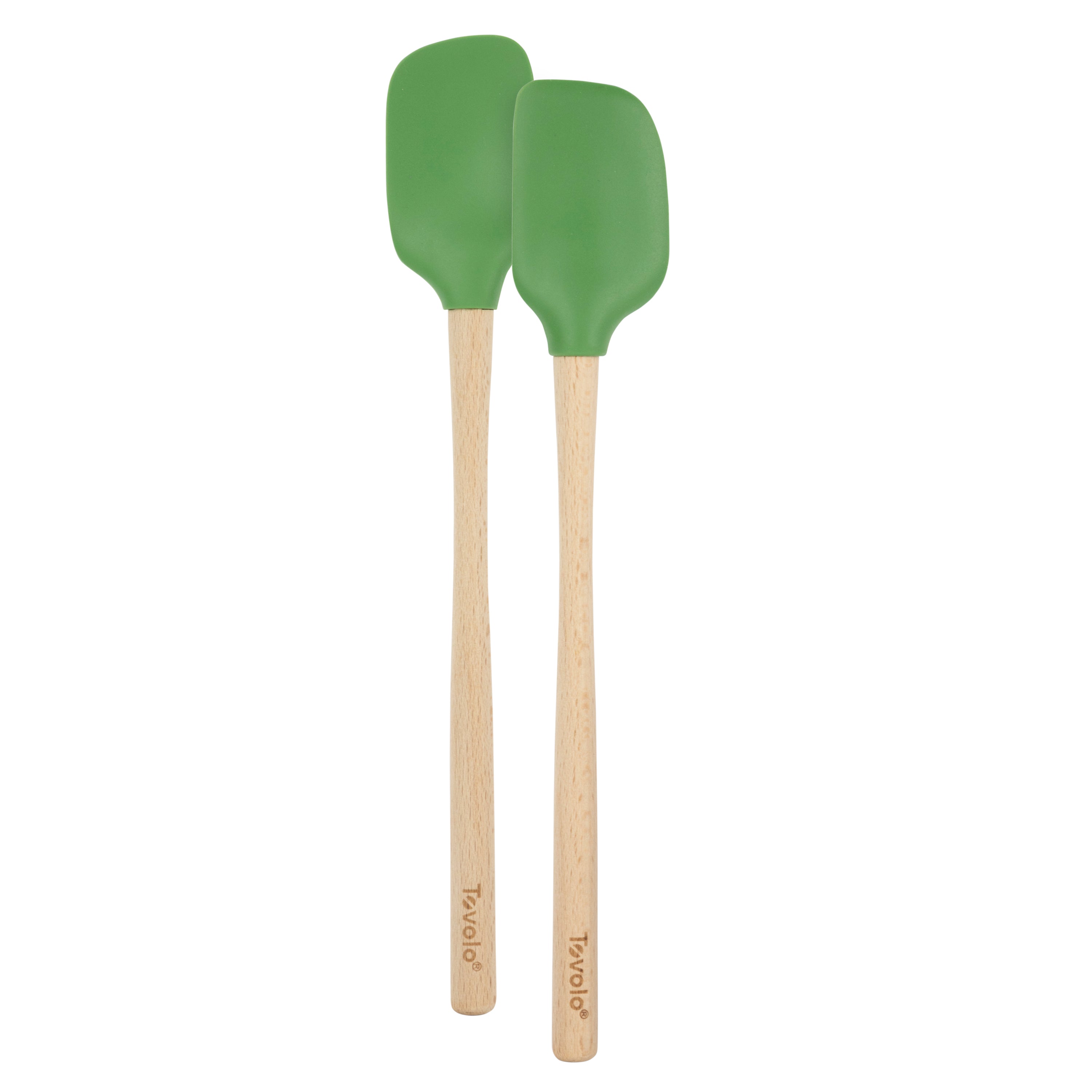 Two green Flex-Core Mini Spat + Spoonulas with wooden handles stand upright side by side against a white background—essential heat-resistant silicone utensils for any kitchen.