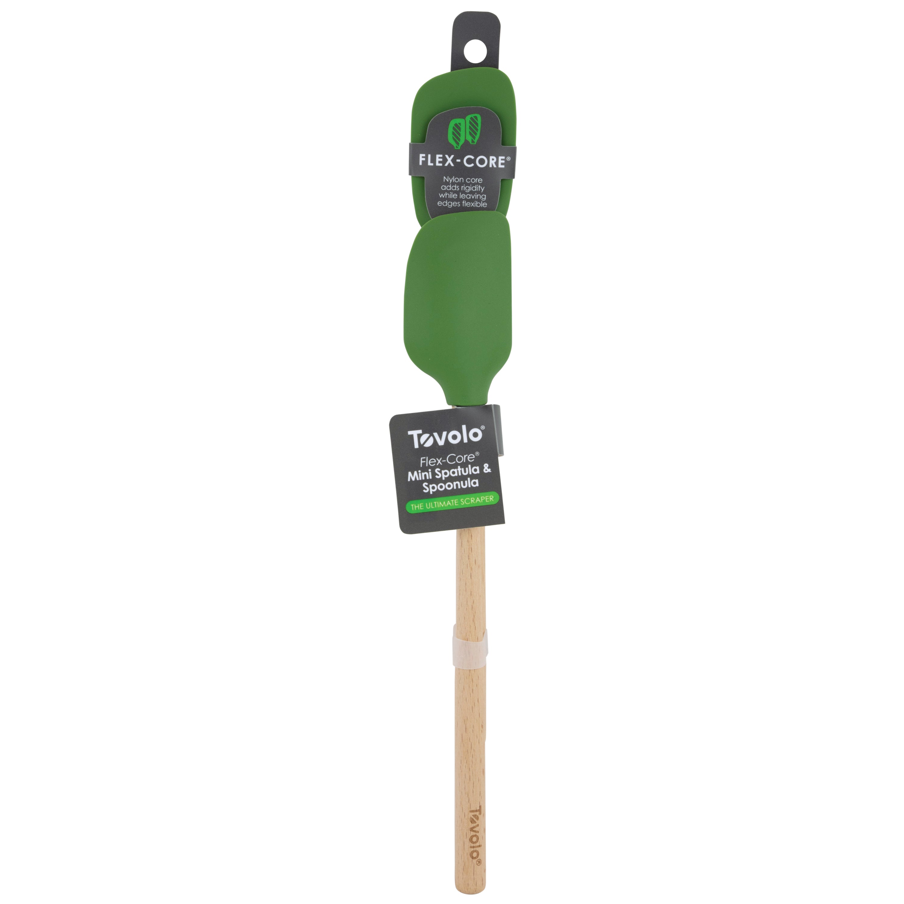 The Flex-Core Mini Spat + Spoonula is a green silicone kitchen utensil with a wooden handle, shown in its original packaging on a white background. Heat-resistant, it’s ideal for mixing or scraping in any home kitchen.