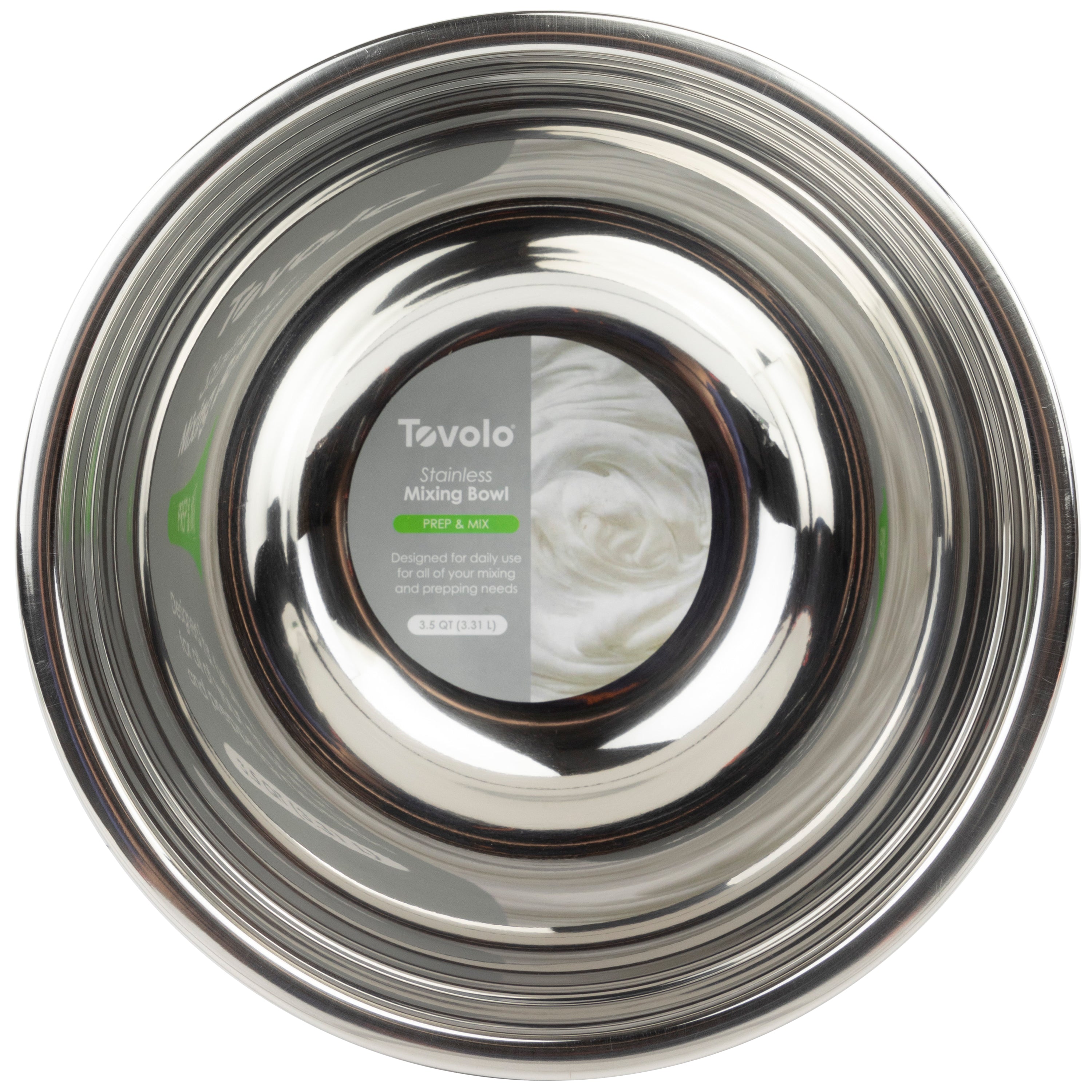 A shiny, durable stainless steel Mixing Bowl viewed from above, with an interior label displaying the product name and an image of whipped cream.