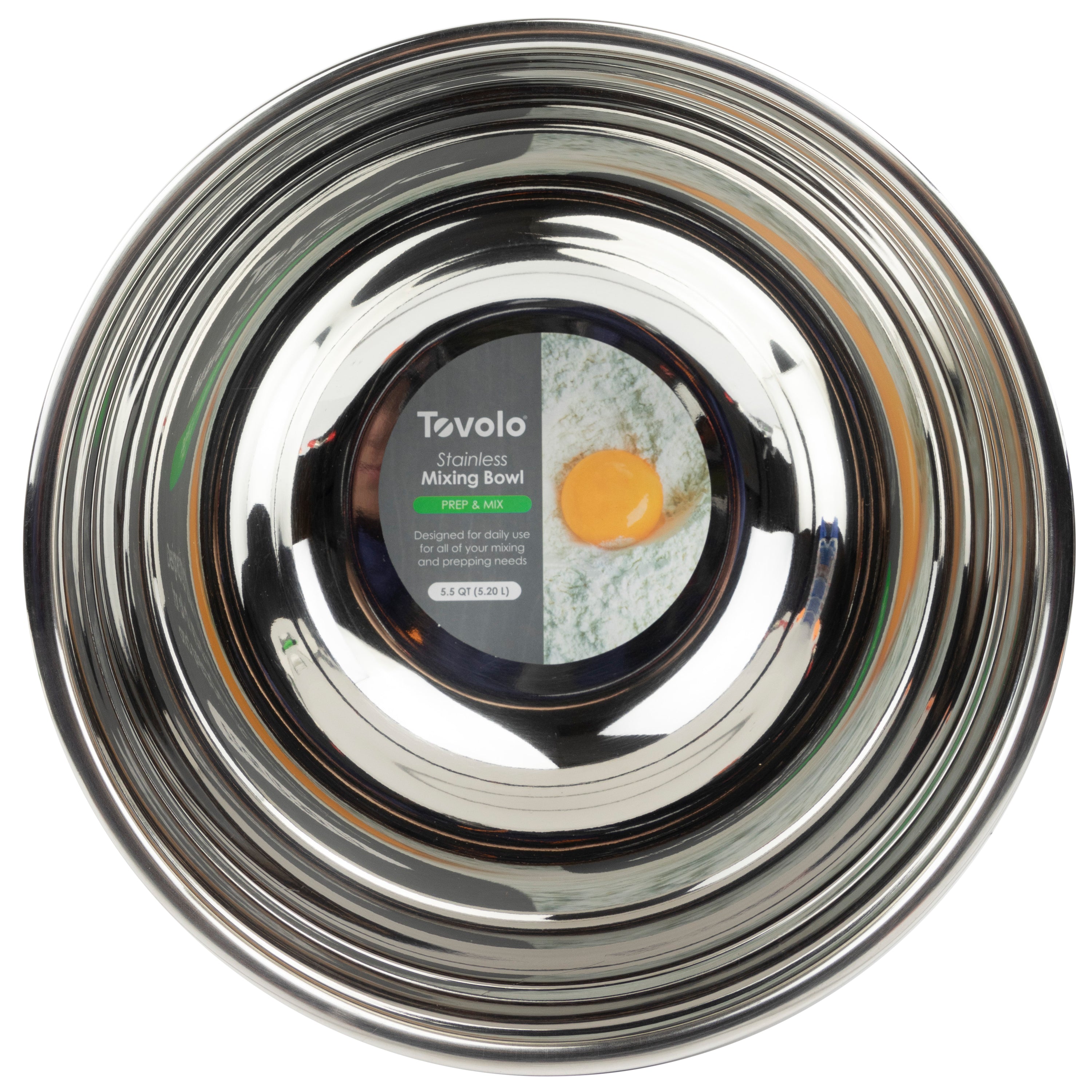 A shiny, durable Mixing Bowl with a central label showing an egg yolk and the text "Mixing Bowl, Free & Bare.