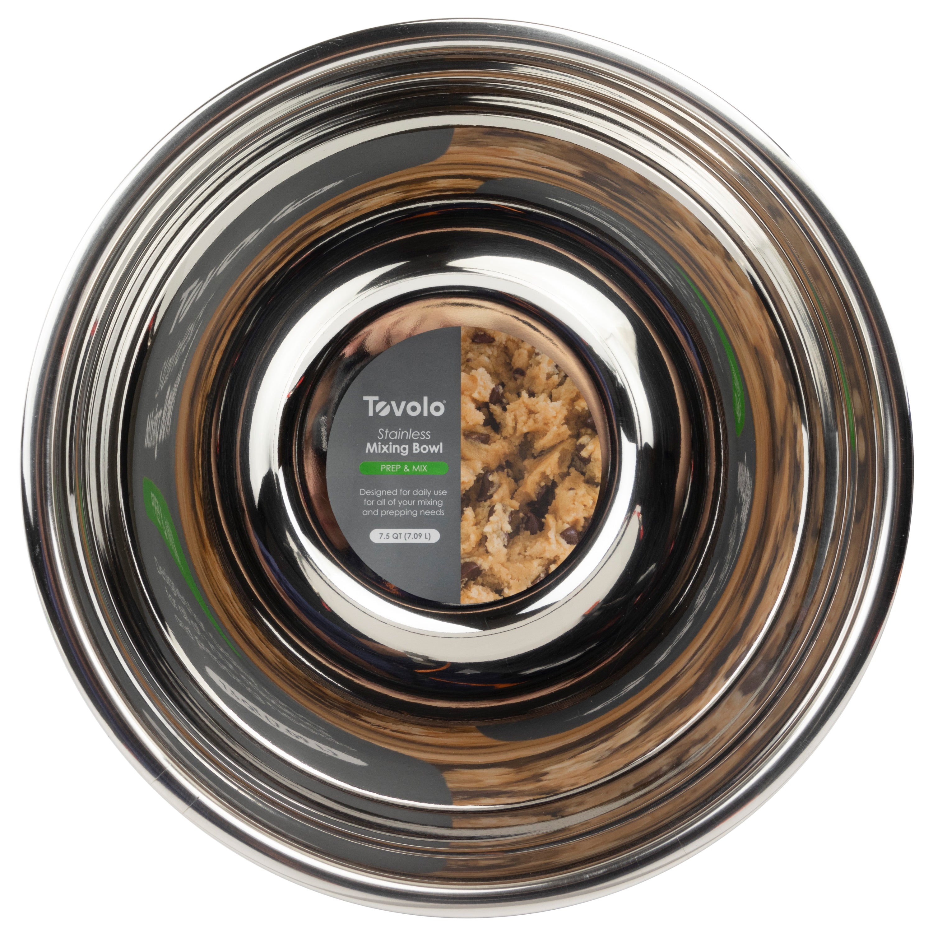 A shiny, durable stainless steel Mixing Bowl viewed from above features a center label reading “Mixing Bowl” and a photo of cookie dough on the label.