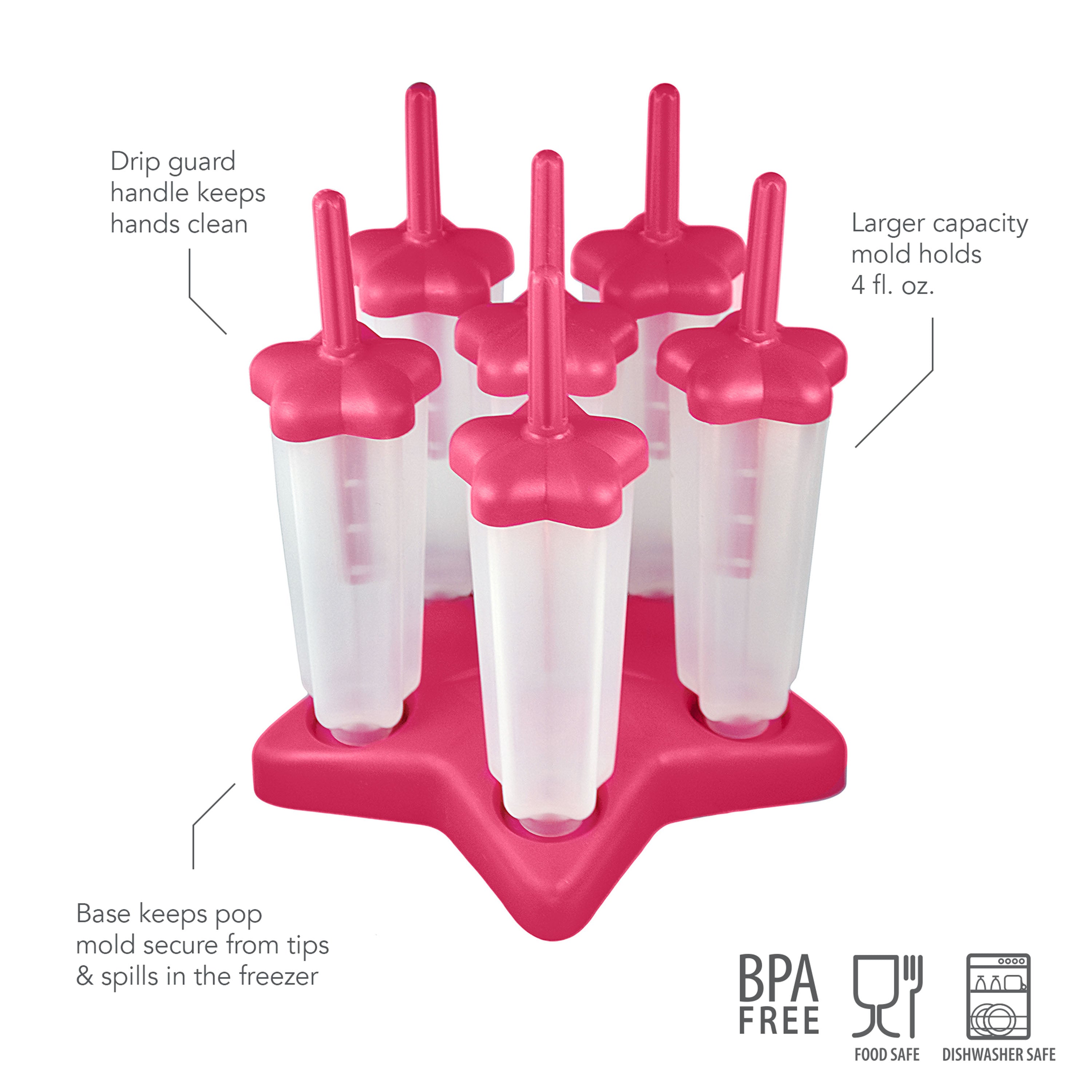 The Star Pop Molds feature six translucent popsicle molds with pink drip guard handles, set in a slim tray with a pink star-shaped base. Each 4 oz. mold is BPA-free, dishwasher safe, and sits securely for easy frozen treat making.