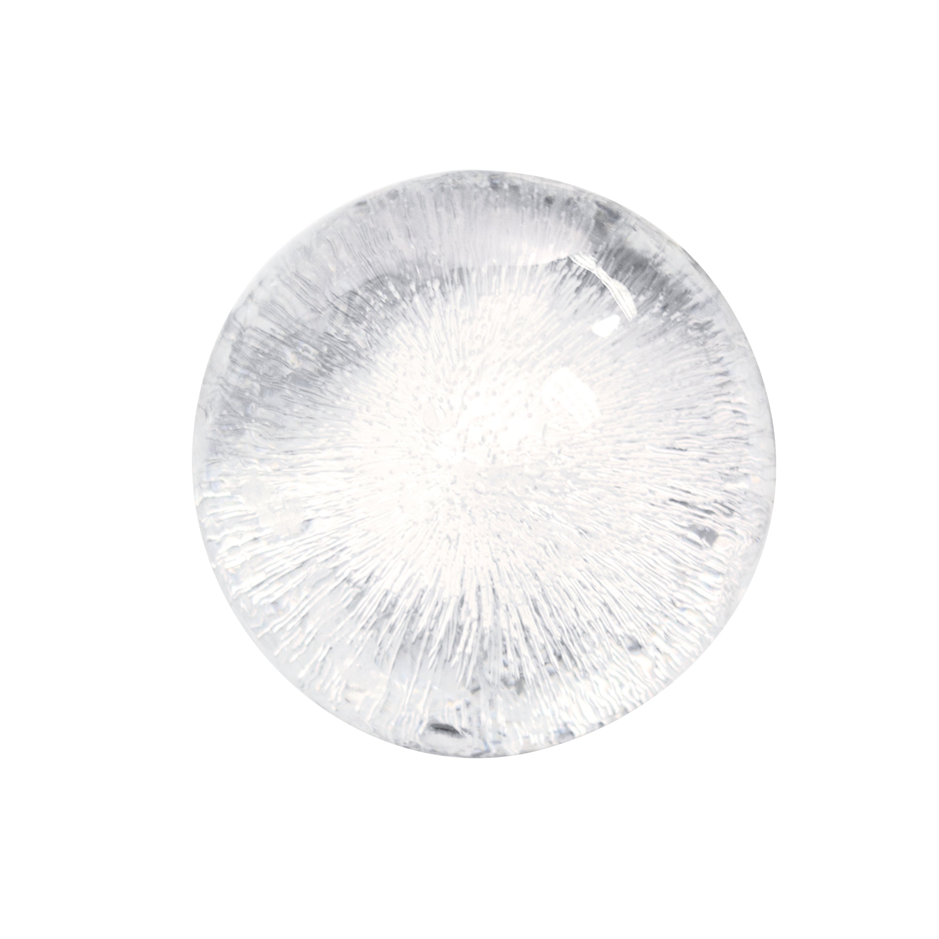 A clear, round ice sphere with intricate crack patterns inside—crafted using Ice Molds—set against a white background.