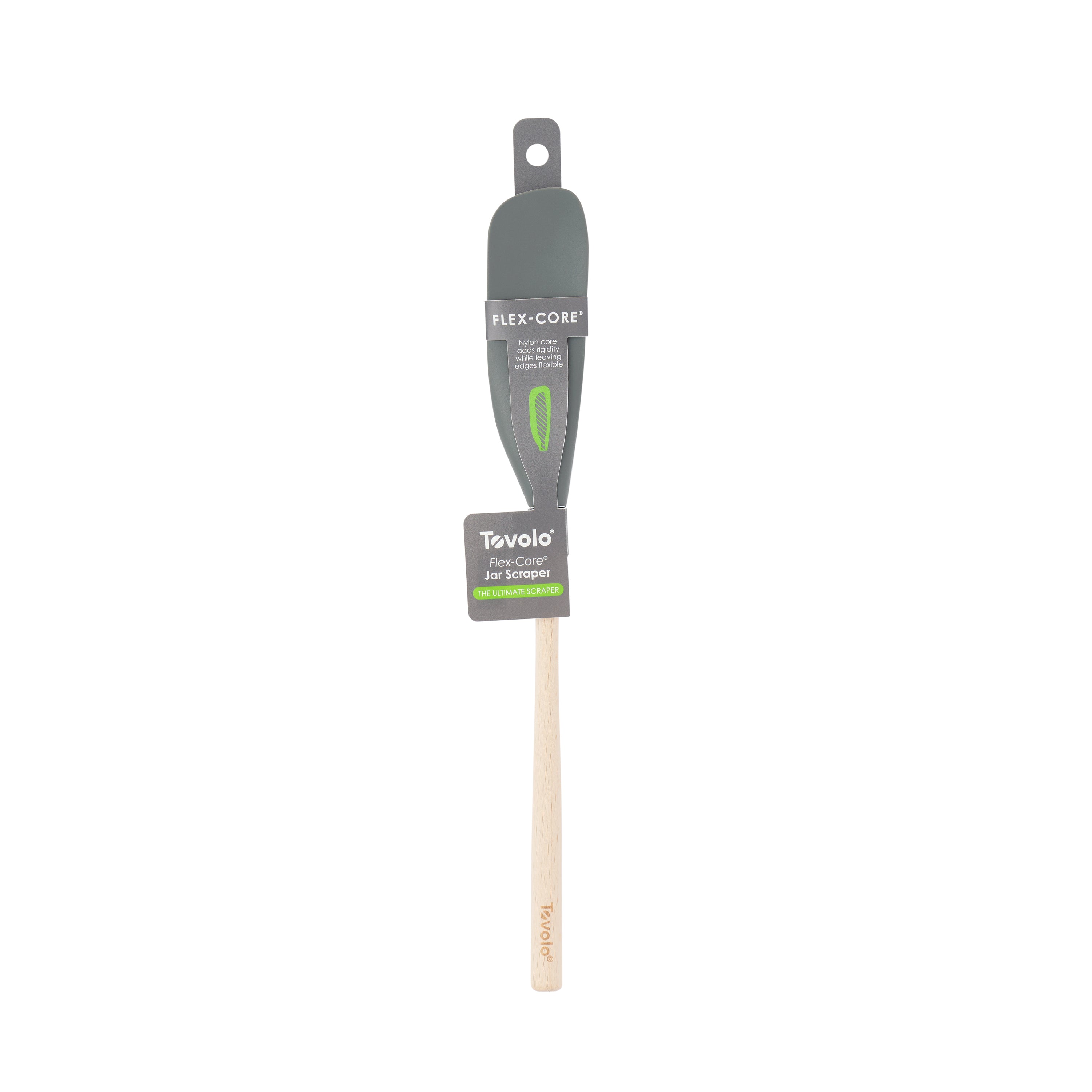 The Flex-Core Jar Scraper is shown upright in its packaging against a white background. This gray and green kitchen tool features a wooden handle for added versatility.