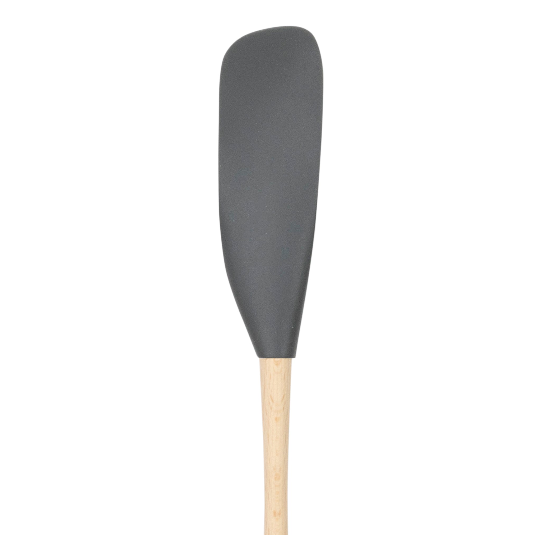 The Flex-Core Jar Scraper features a wide, flat black silicone head and a light wooden handle, making it a versatile kitchen tool and effective jar scraper, shown against a plain white background.