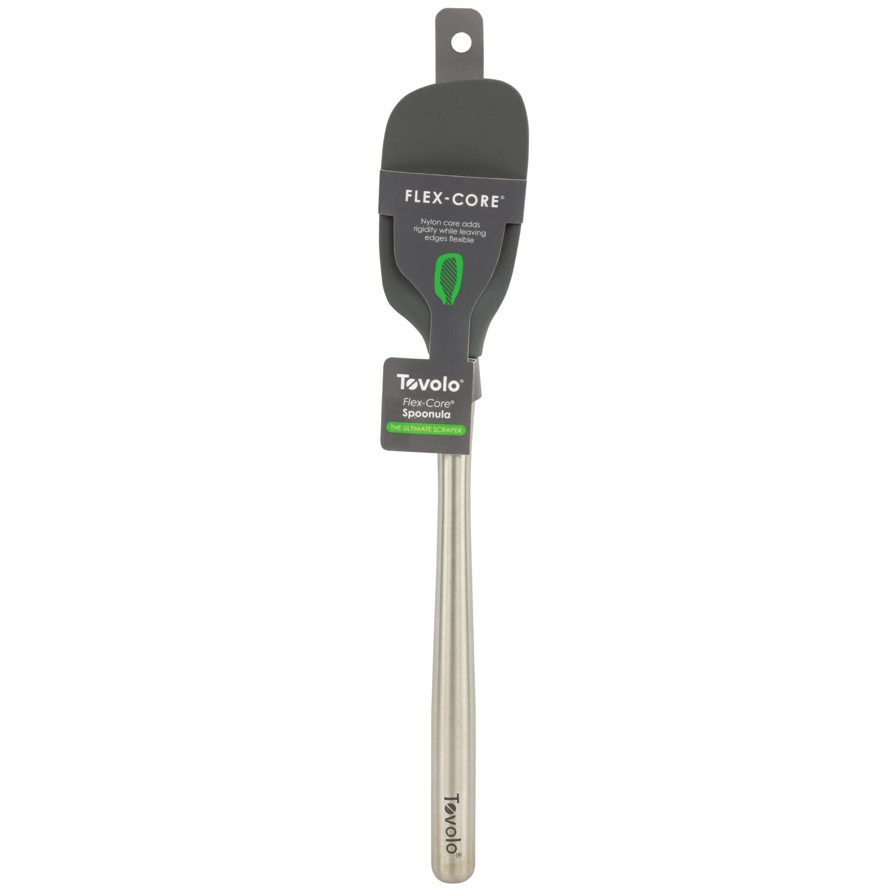 A gray Flex-Core Spoonula silicone spatula and stainless steel ergonomic kitchen tool, with packaging labeled FLEX-CORE and Tovolo, displayed against a plain white background.