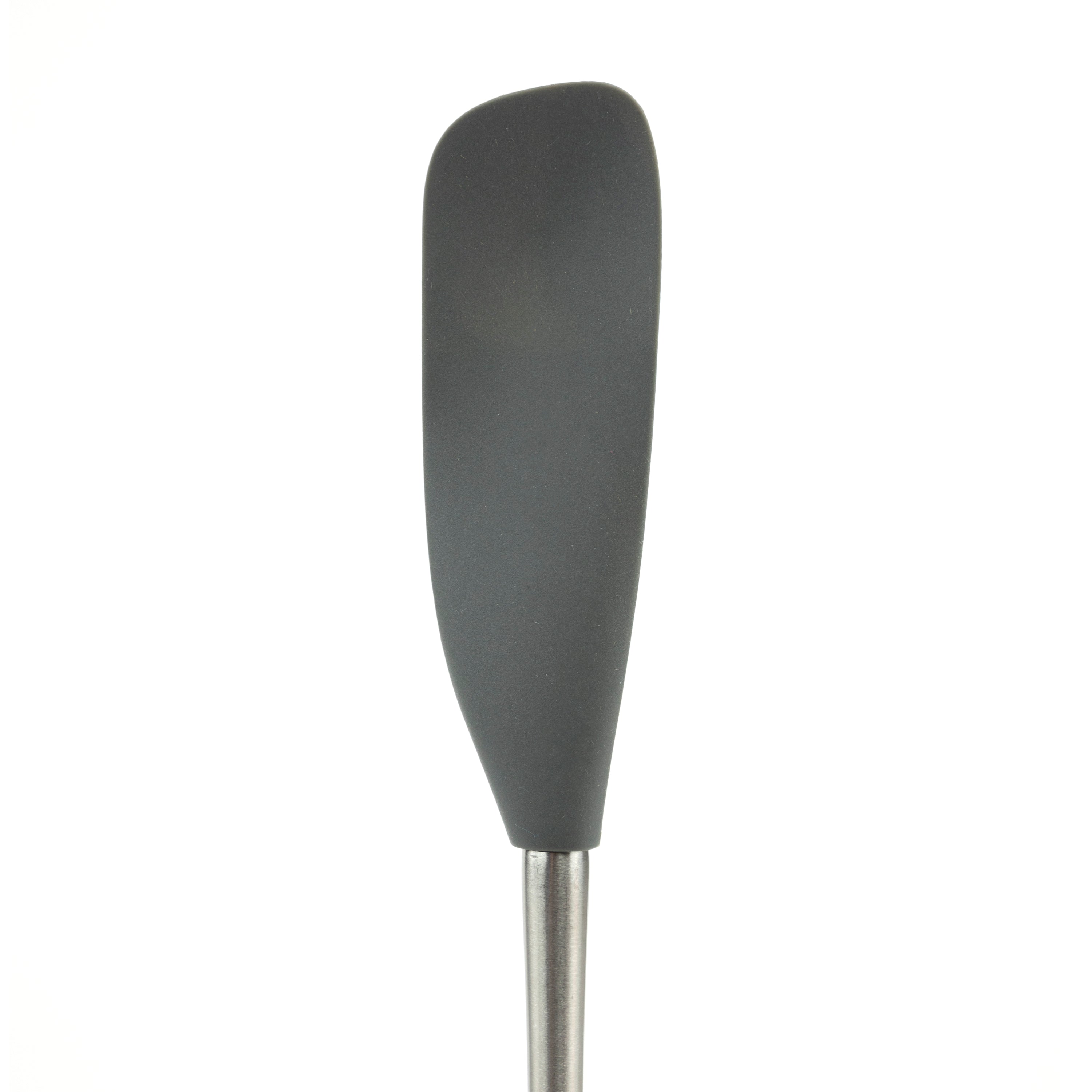 The Flex-Core Jar Scraper is a black silicone kitchen tool featuring a rounded rectangular blade and a metal handle, displayed against a plain white background.