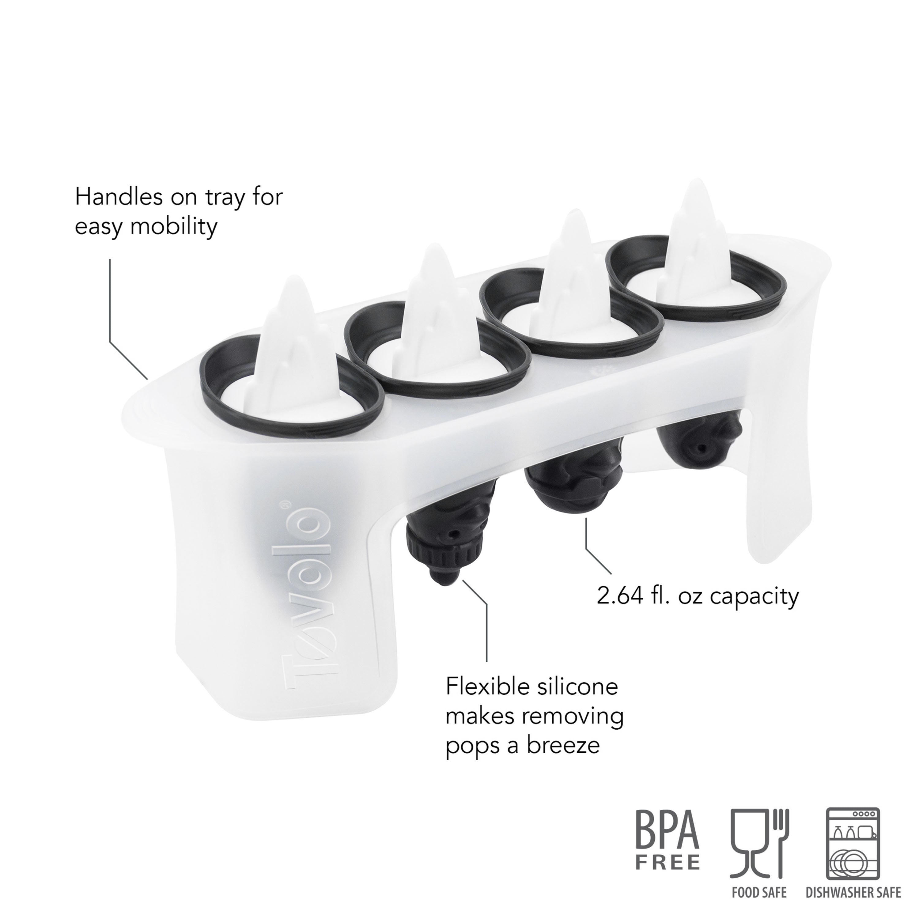 Penguin Pop Molds: A slim tray with four BPA-free silicone molds shaped like penguins. Each mold holds 2.64 fl. oz., features handles for easy carrying, is flexible for simple pop removal, and is food safe and dishwasher safe—perfect for homemade frozen treats.