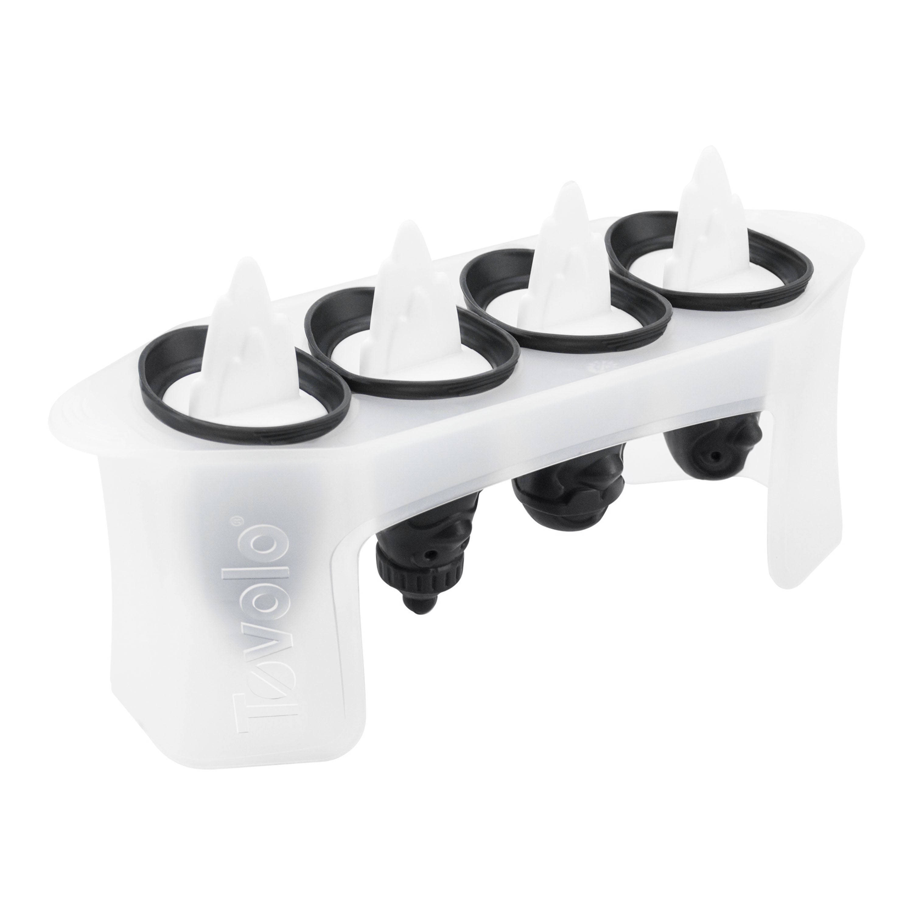 The Penguin Pop Molds is a white plastic tray with four slots, each featuring a black and white handle shaped like a penguin fin. Slim and perfect for homemade frozen treats, it has the Tovolo name embossed on the side.