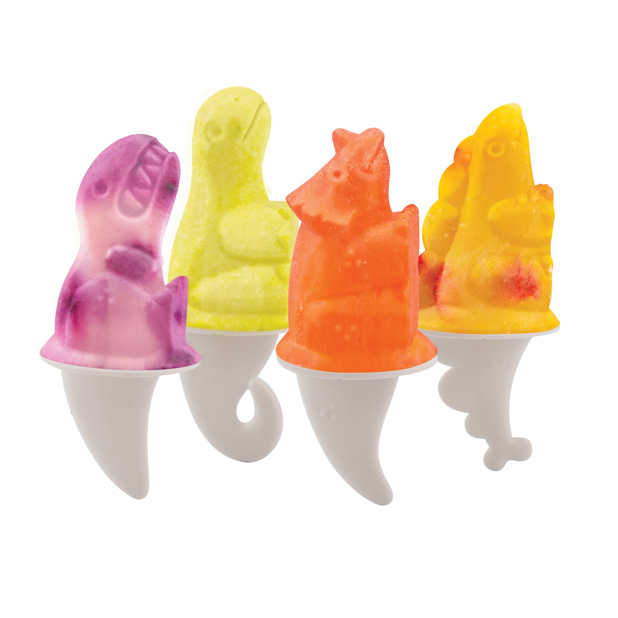 Create perfect homemade frozen treats with Pop Molds—four colorful dinosaur-shaped popsicles (purple, yellow, orange, and yellow-red), each on a white, curved stick designed like a dinosaur tail.