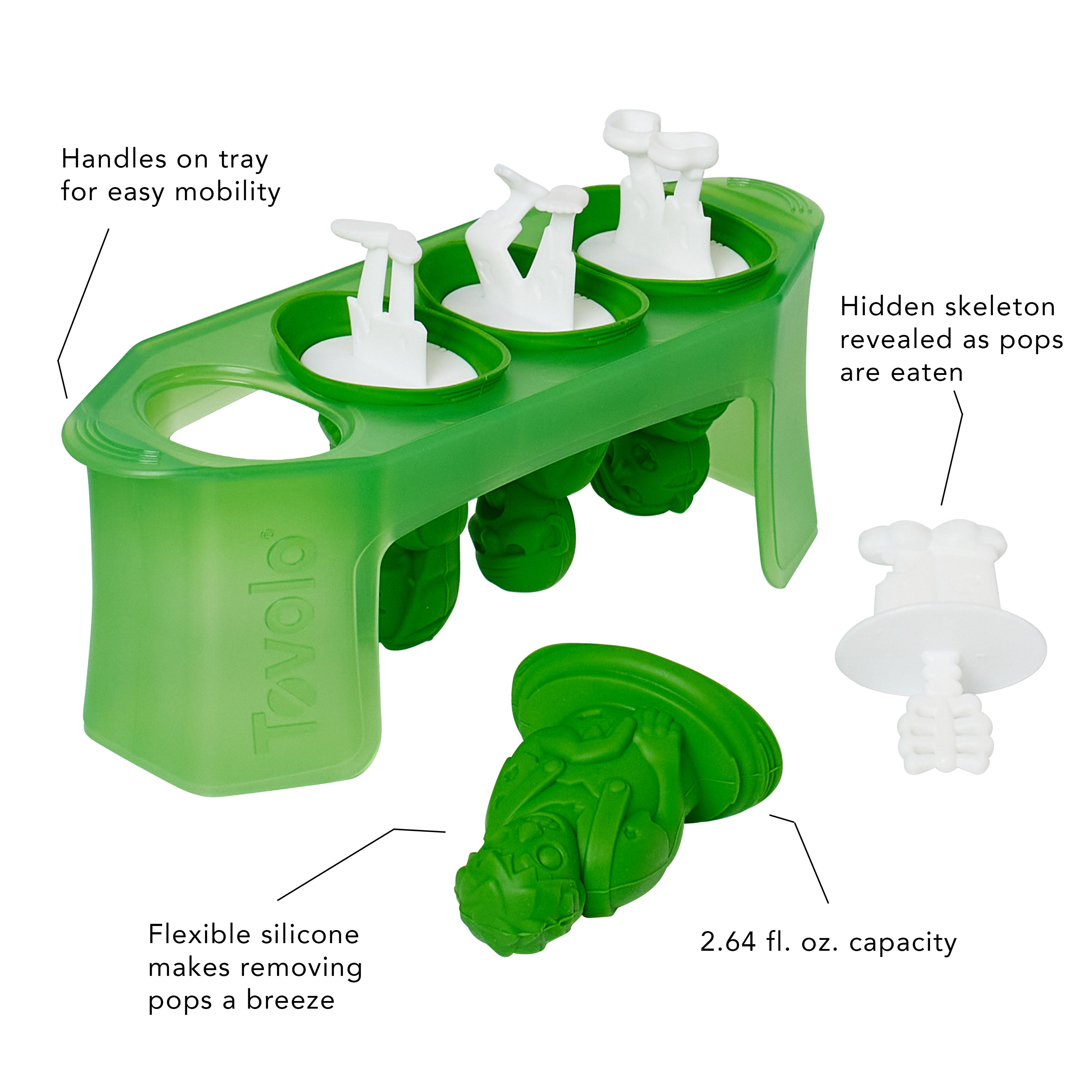 Pop Molds: Slim green silicone tray with four white skeleton handles for homemade frozen treats. Features easy-carry handles, flexible silicone for quick release, hidden skeletons as you eat, and holds 2.64 fl. oz. per mold.