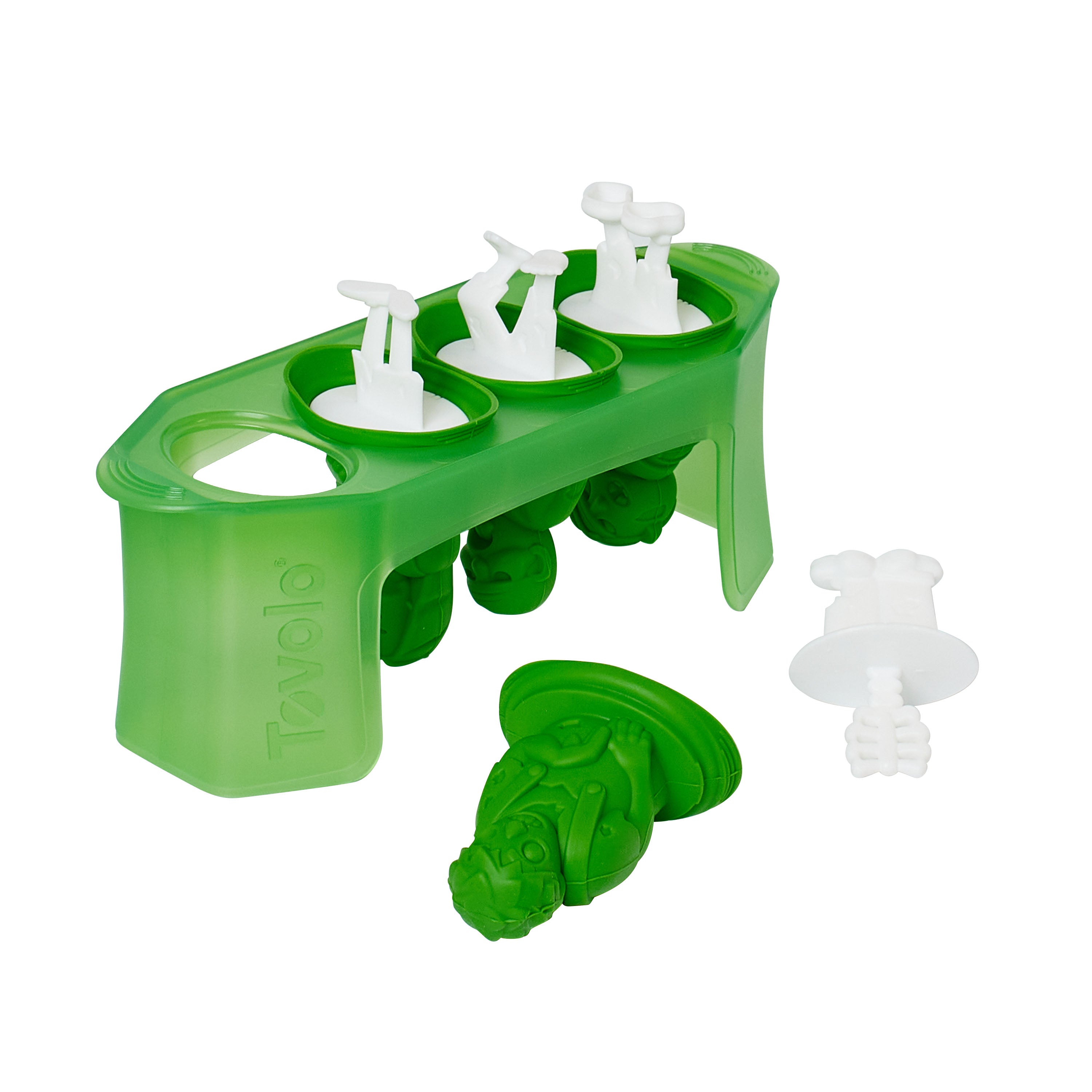 Pop Molds features a green tray with three character-shaped slots, each holding a white stick. One popsicle is removed, showing a detailed green superhero head and torso. Perfect for homemade treats, this mold is labeled Tovolo.