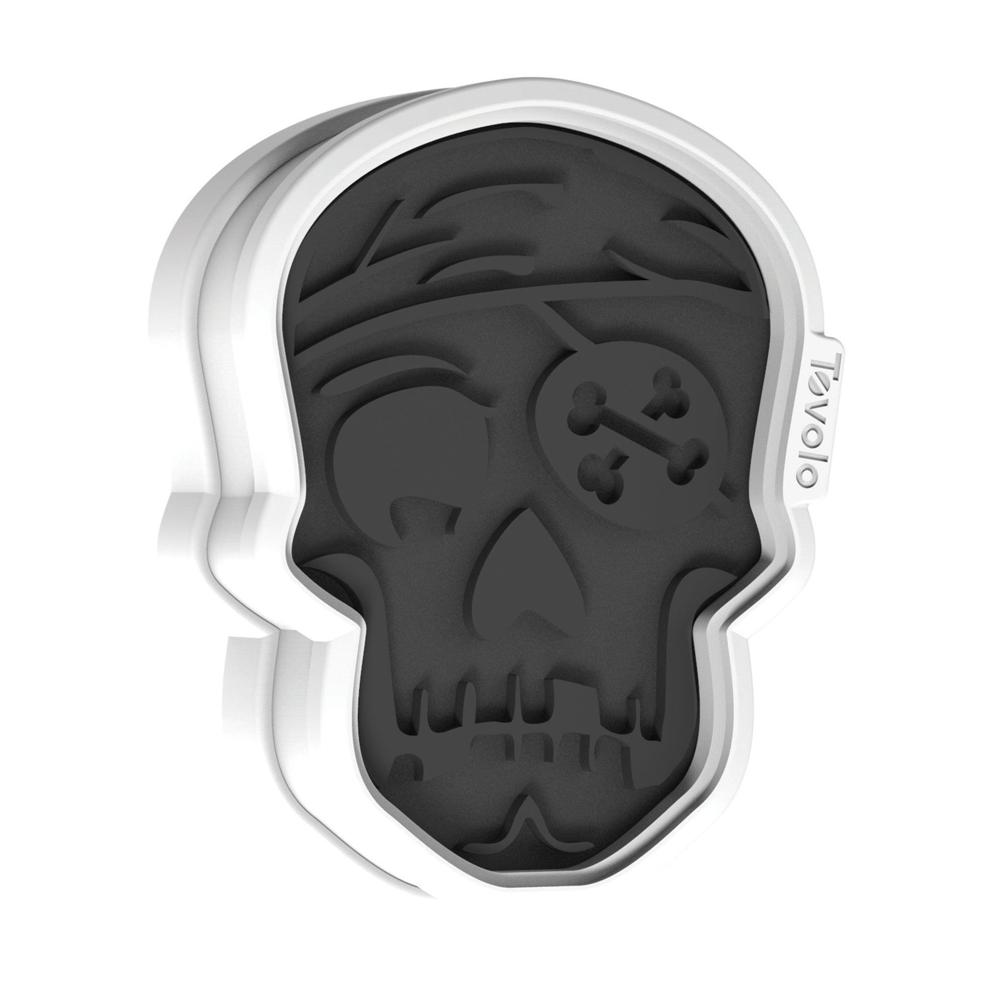 The Skull Cookie Cutters are black and white silicone molds shaped like pirate skulls, featuring a bandana, eye patch, and crossbones—perfect for making unique treats with your gingerbread or Christmas cookies. "TOVOLO" is printed on the side.