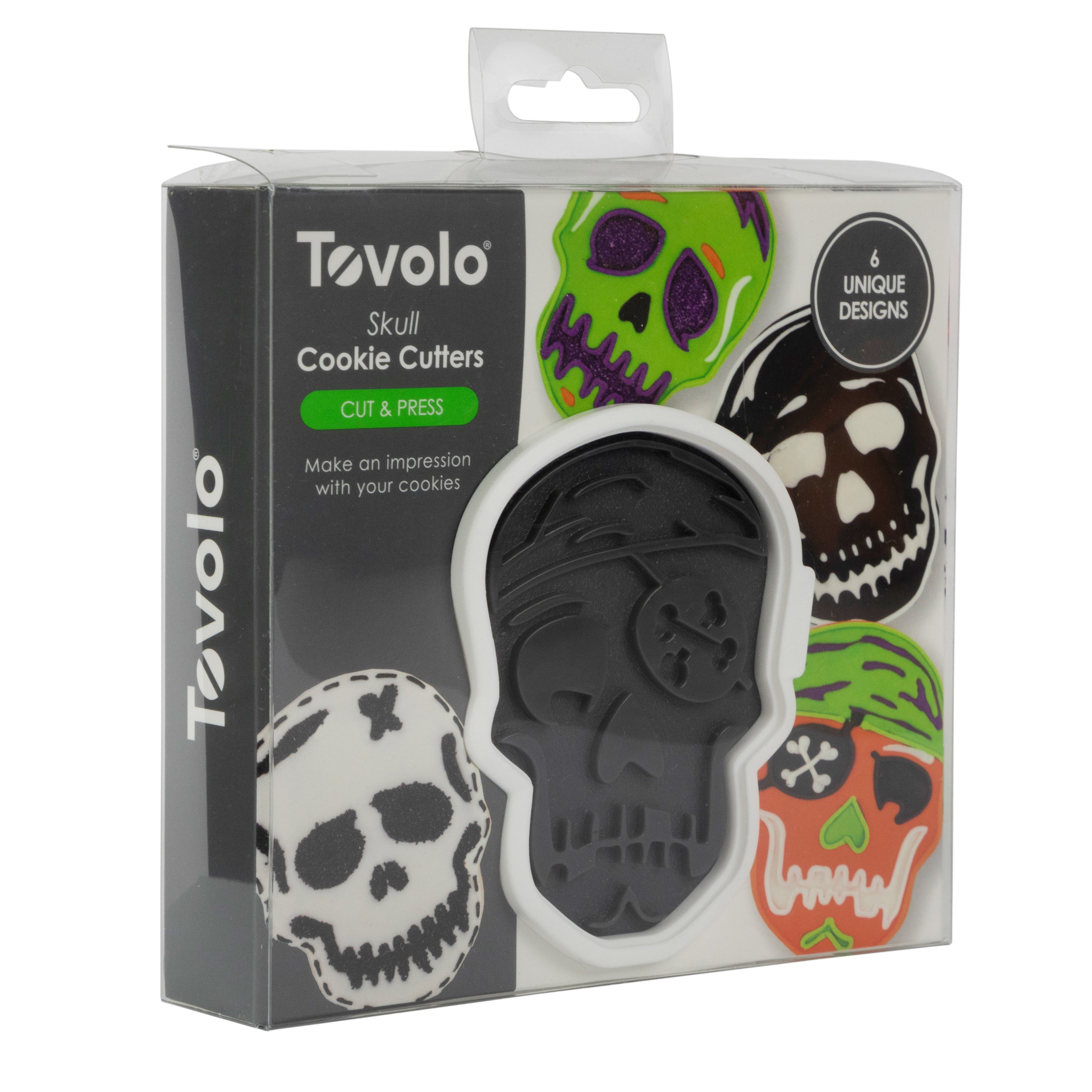 A box of Skull Cookie Cutters featuring six unique skull shapes. The packaging displays colorful skull cookies, making it perfect for creative baking beyond Christmas or standard cookie cutters.