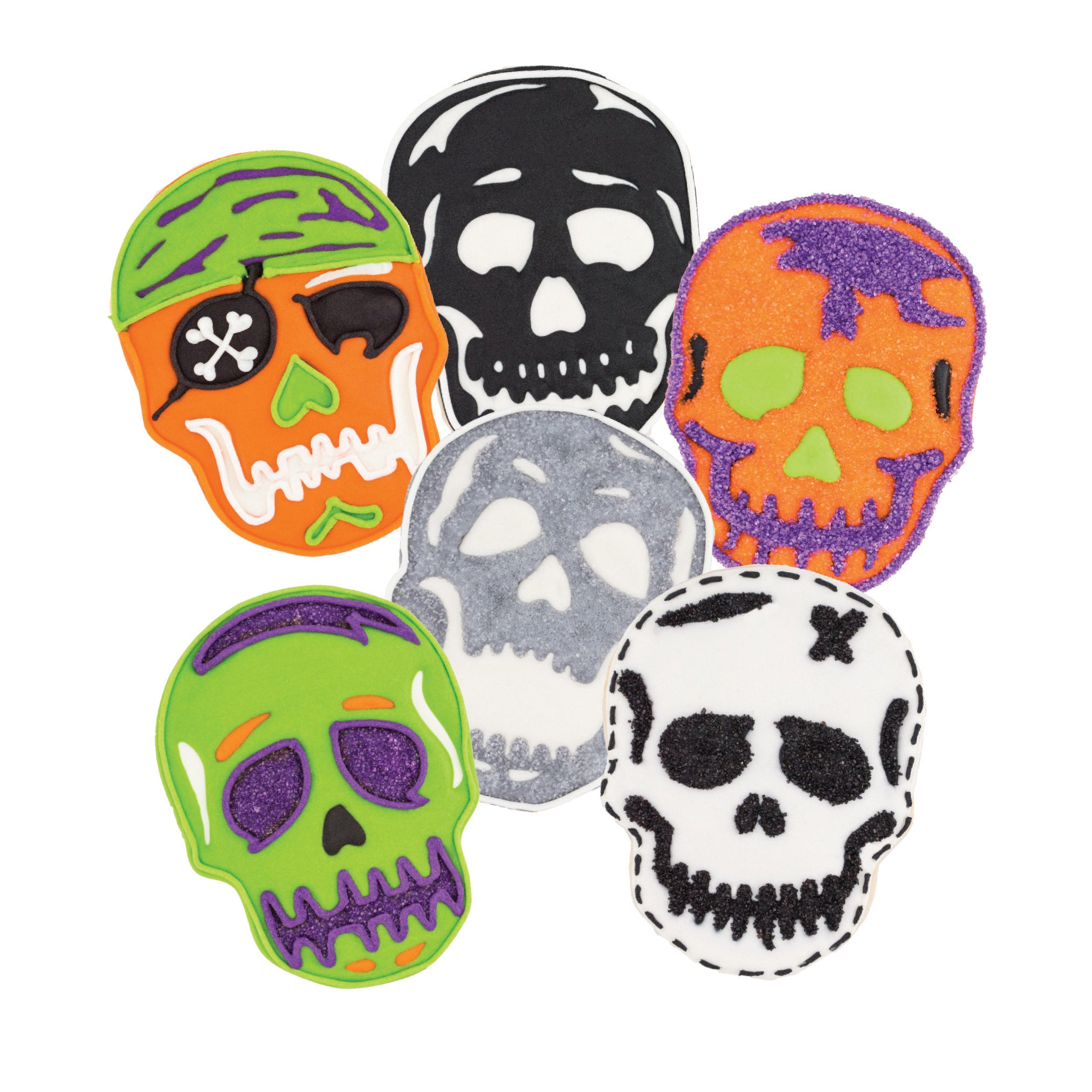 Six colorful skull-shaped cookies—orange, green, black, white, and purple—made with Skull Cookie Cutters are arranged together. Each cookie looks like a festive Halloween skull, crafted with the care of Christmas or gingerbread treats.