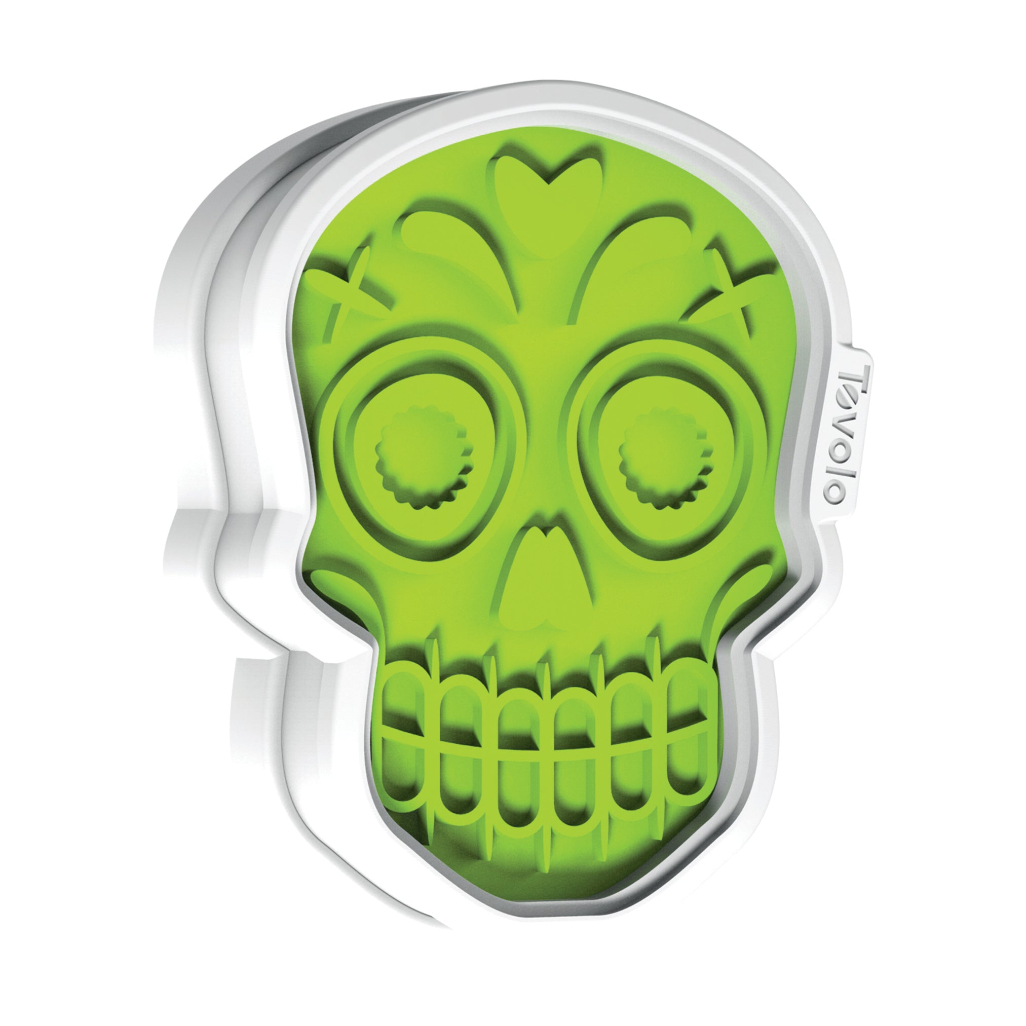 The Skull Cookie Cutters are green and white plastic cutters shaped like a stylized skull with decorative patterns—perfect for making unique Christmas cookies or adding a festive touch to your gingerbread collection.