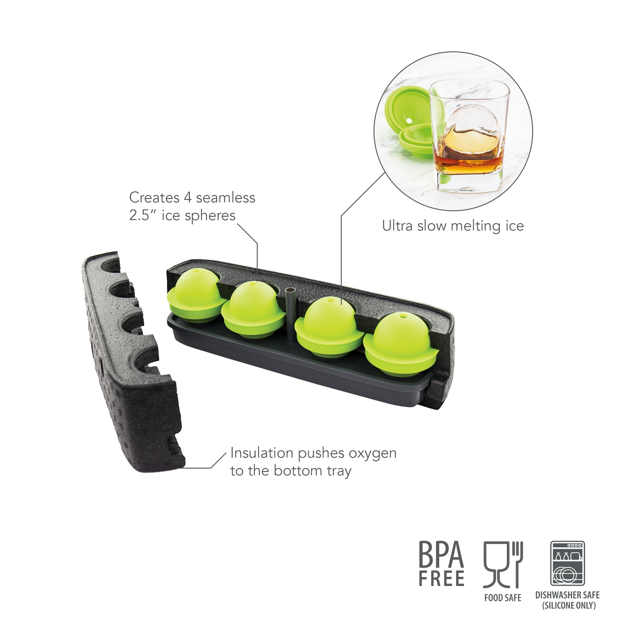 The Sphere Clear Ice Mold makes four flawless 2.5" ice balls for bar-quality drinks. BPA-free, food-safe, and dishwasher-safe, its sturdy black and green design stacks easily in the freezer—perfect for serving with a chilled beverage.