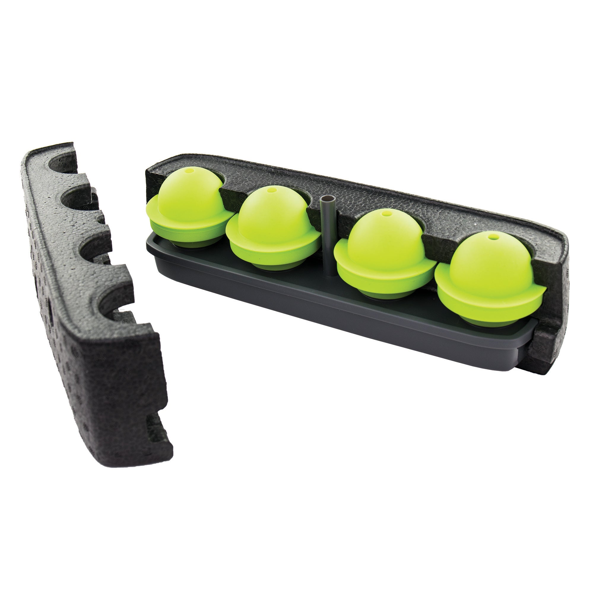 The Sphere Clear Ice Mold features a black foam container with an ice tray that creates four bright green, dome-shaped spheres. Its lid, designed for easy freezer stacking, is shown resting to one side.