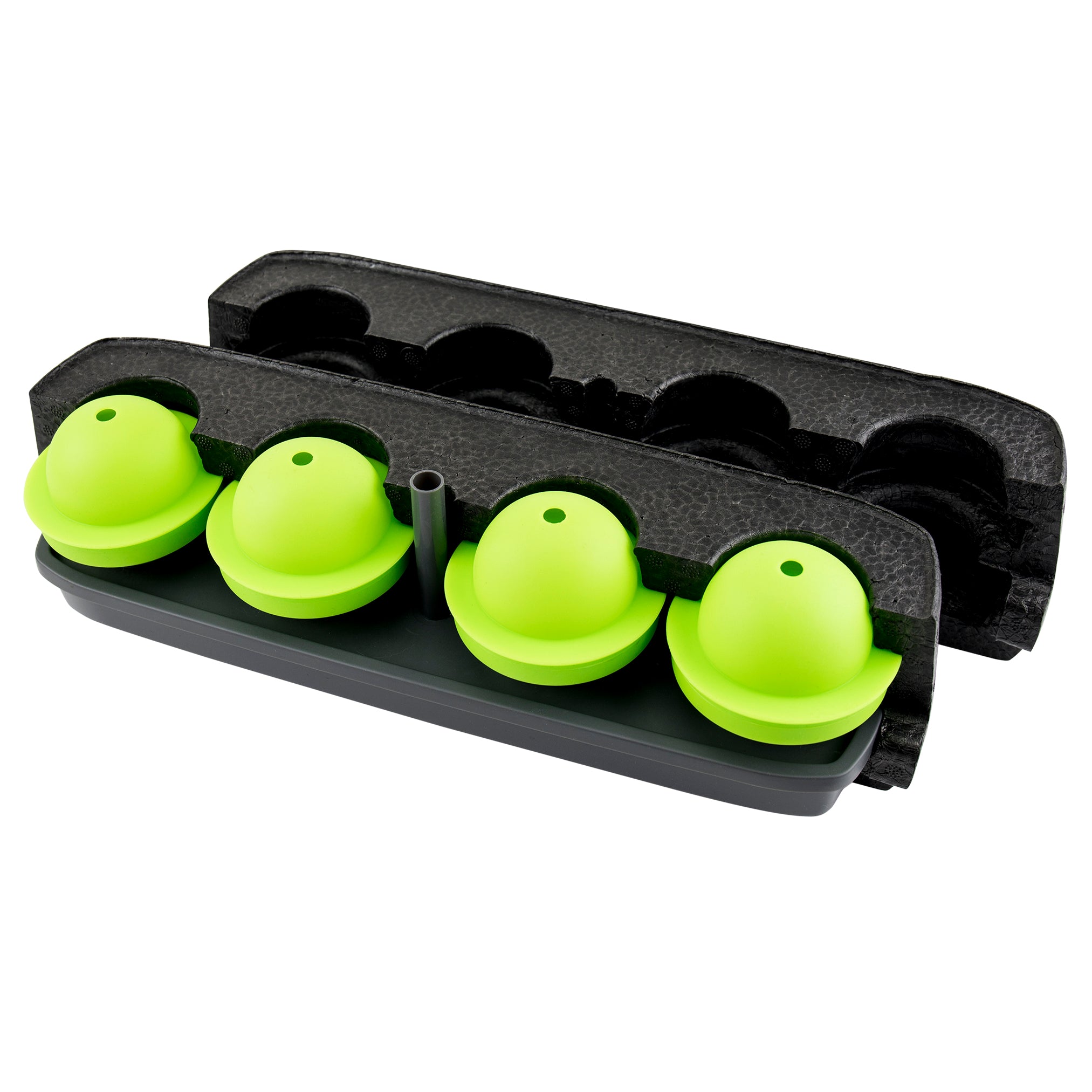 The Sphere Clear Ice Mold features a black and green design with four compartments for bar-quality ice balls. Green lids top the black mold, which is shown open for easy stacking and convenient use in your freezer.