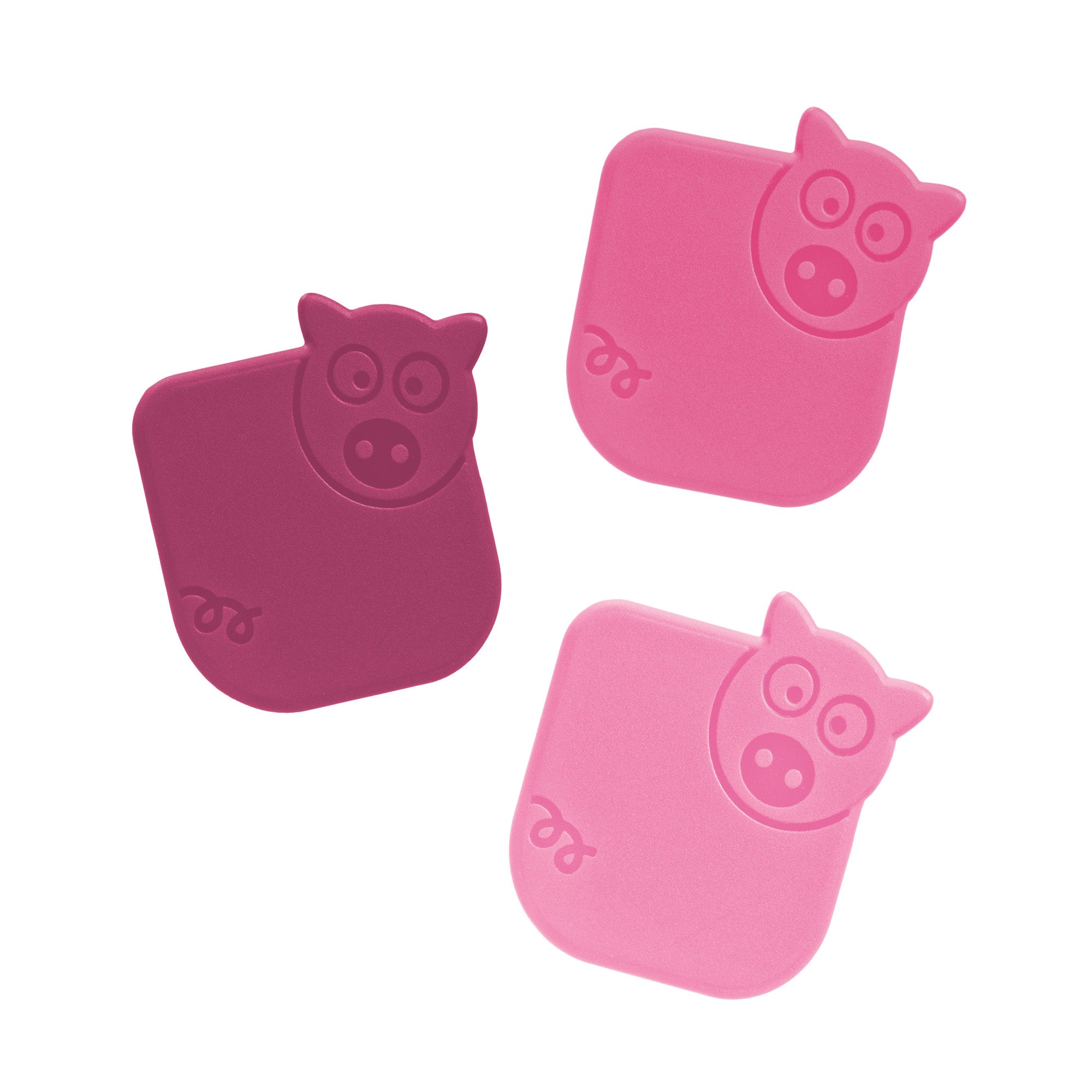 Three square Pan Scrapers in varying pink shades with a pig face design in one corner—ideal silicone clips for fun and safe cleaning of non-stick bakeware.