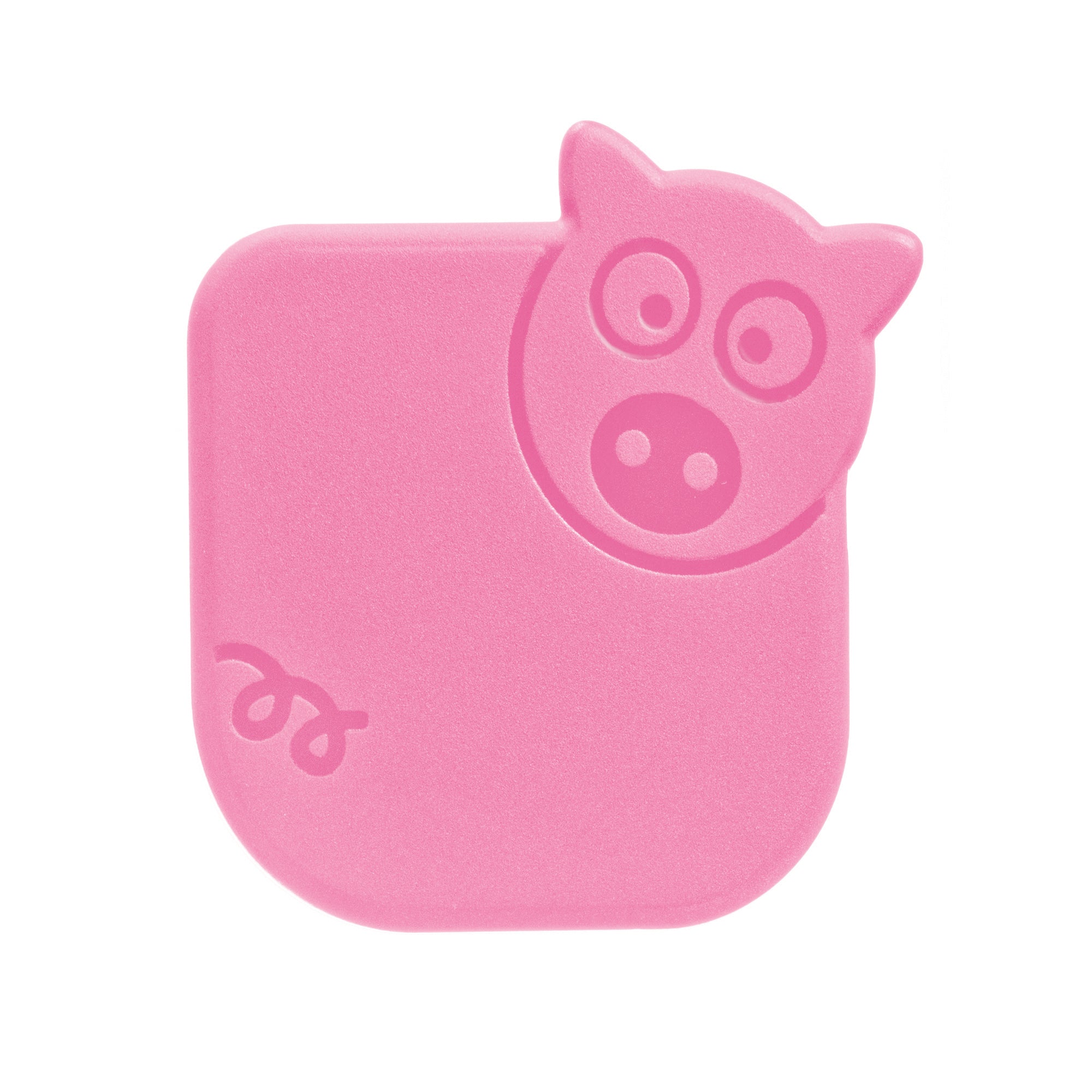 The Pan Scrapers are pink, square-shaped tools with rounded edges, featuring a pig face in the top right and a curly tail at the lower left—ideal for cleaning non-stick bakeware and cast iron skillets. Shown on a white background.