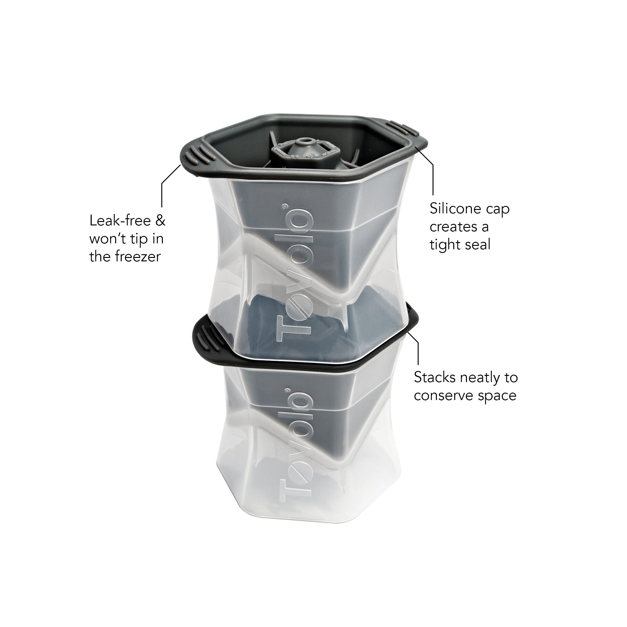 A stack of two Toyolo Ice Molds in gray and clear silicone, featuring colossal cube shapes for slow-melting ice, leak-free design, tight-sealing caps, and stackable for space-saving storage.
