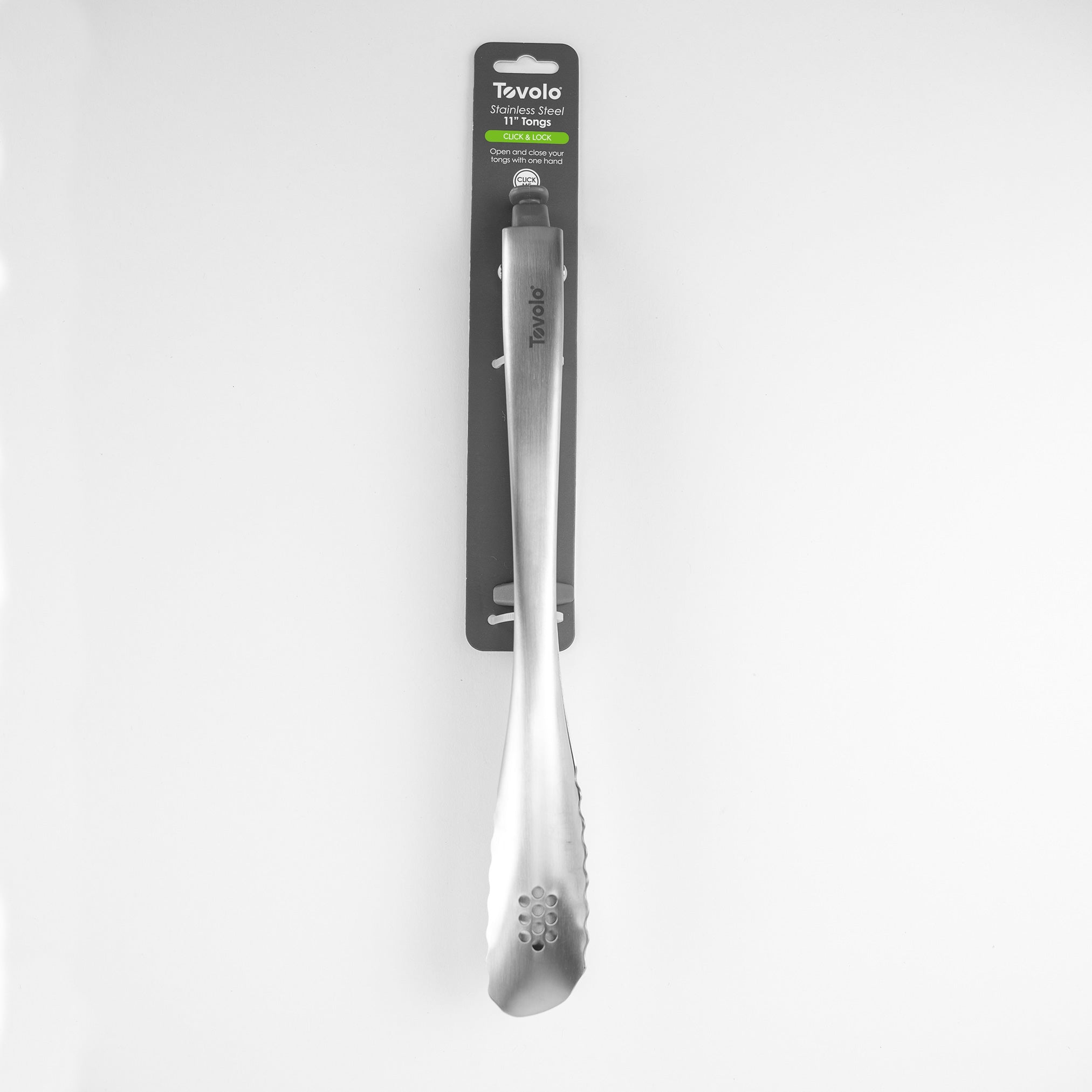 A pair of Stainless Steel Tongs with scalloped edges, packaged on black cardboard labeled "Stainless Steel Tongs," shown against a plain white background.