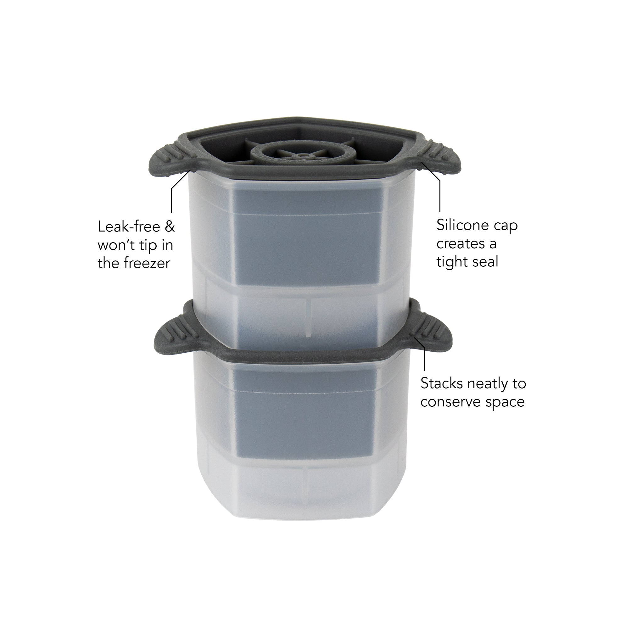 Two stacked, clear, hexagonal Celebration Ice Molds with dark silicone lids. Labels show they're leak-free, have a tight silicone cap seal, and are designed to stack neatly for space-saving.