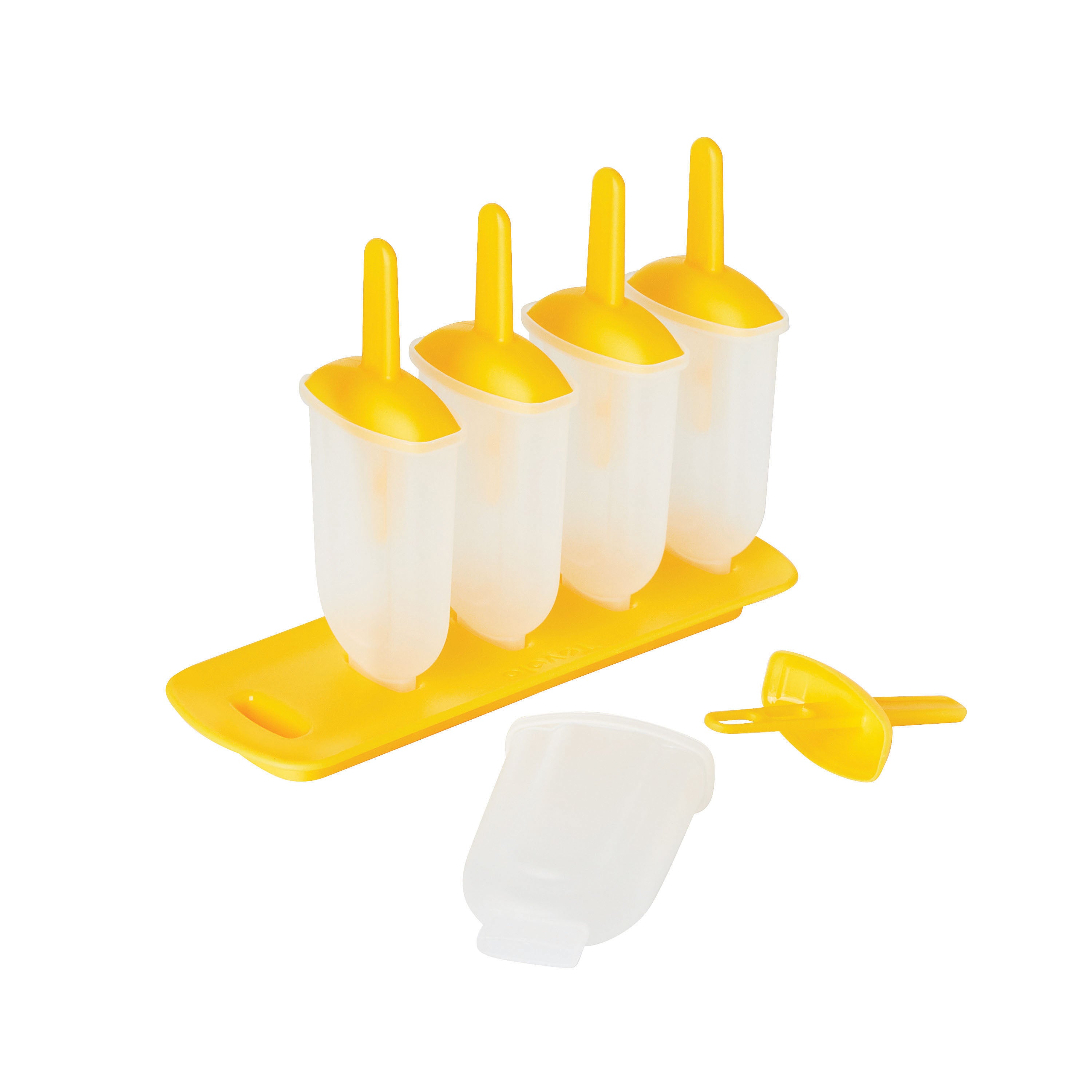 The Pop Molds set features four yellow and white plastic molds in a slim tray; one is displayed in front to show the separate parts, making it perfect for homemade frozen treats.