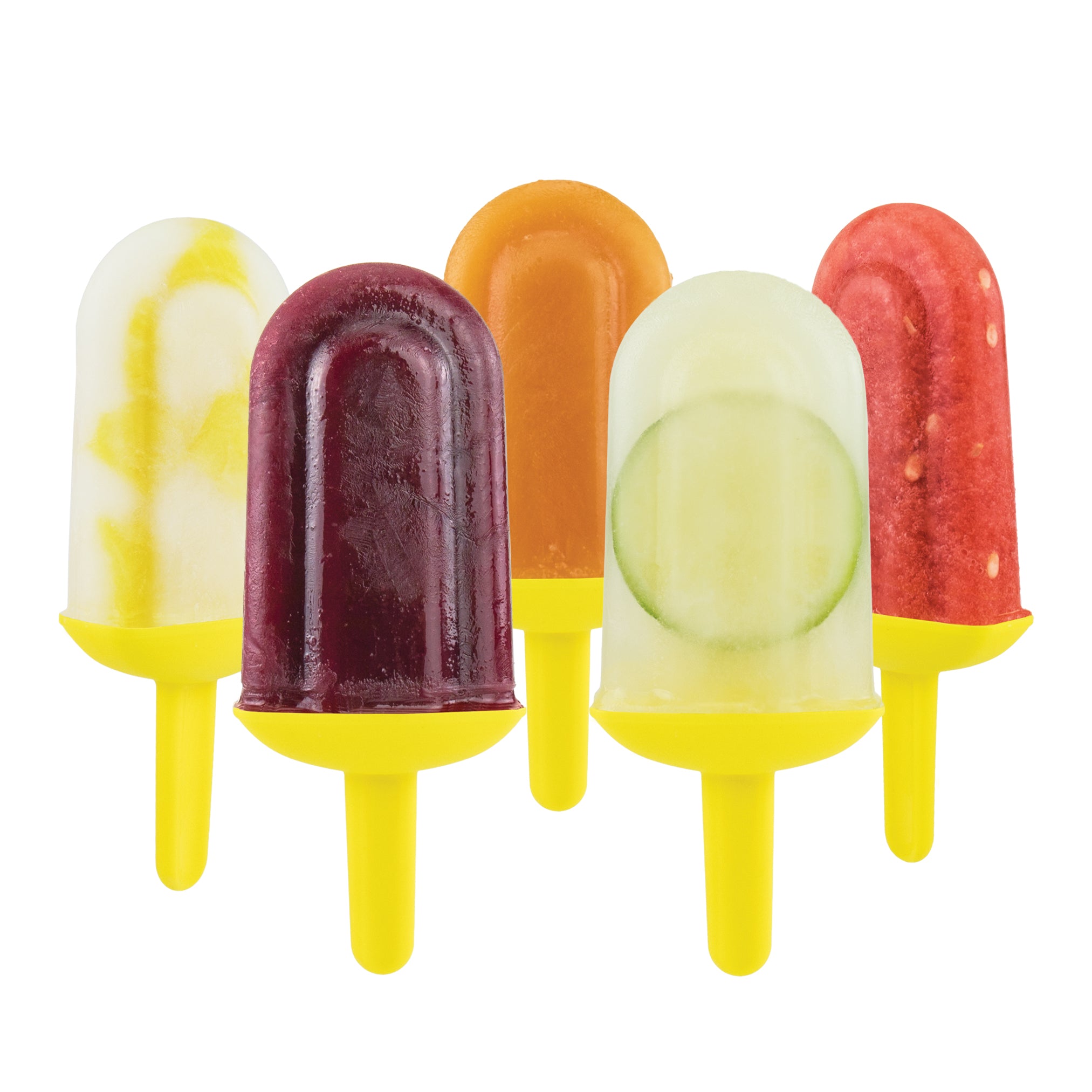 Five vibrant popsicles made with Pop Molds are arranged in a row. Flavors include yellow, purple, orange, green with cucumber, and red with fruit pieces. Each has a yellow handle, perfect for making colorful homemade frozen treats.