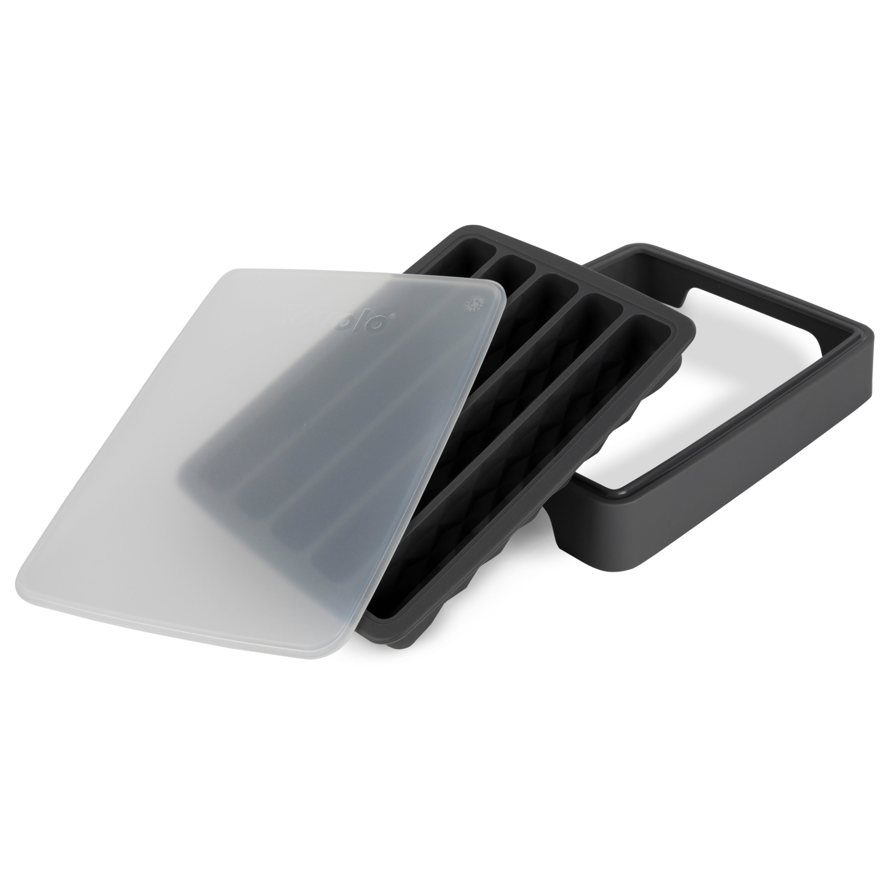 The Water Bottle Ice Mold, featuring a black silicone tray with a clear lid and matching frame, is arranged on a white background—ideal for making ice cubes that fit perfectly in water bottles.
