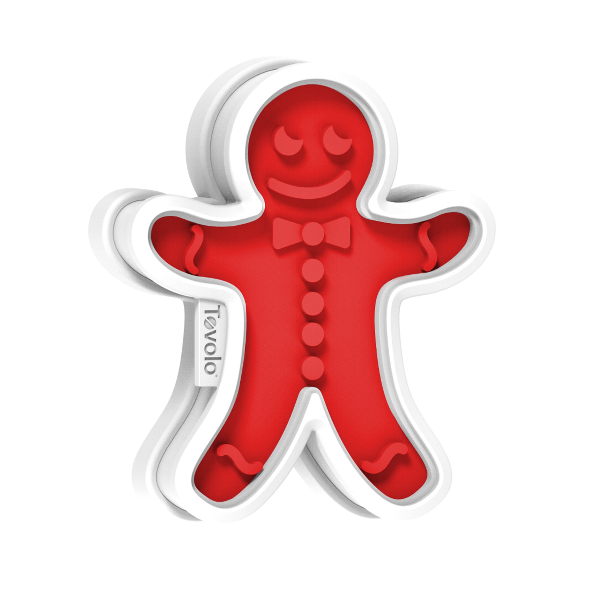 The Gingerbread Cookie Cutters feature a red design with white edges, a smiling face, bow tie, and button details—ideal for Christmas cookies. "Tovolo" is printed on the left side for a festive touch.