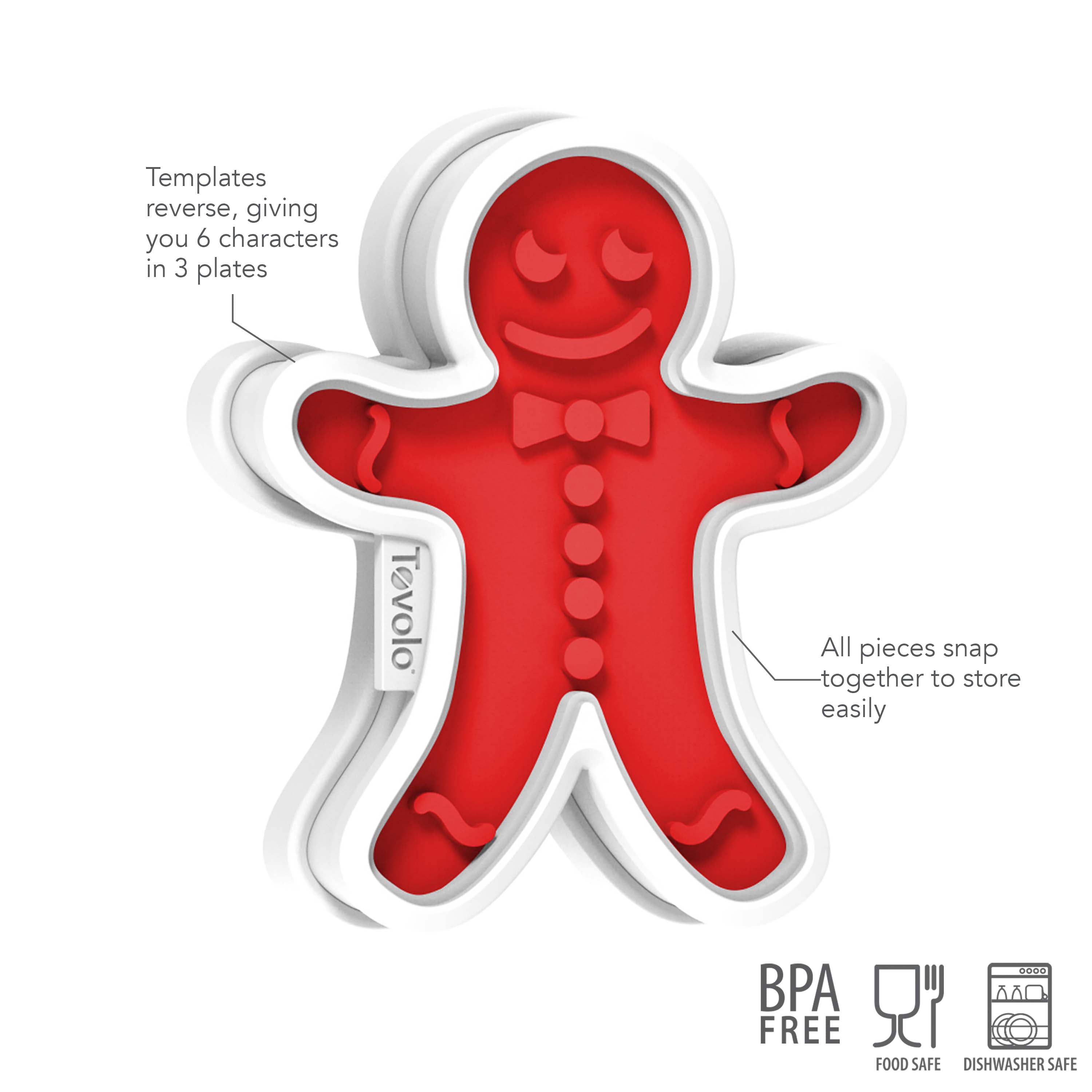 Gingerbread Cookie Cutters: Red and white gingerbread man-shaped cutter with labeled features. Comes with plates for templates and storage. BPA-free, food safe, and dishwasher safe—perfect for Christmas and winter baking fun.