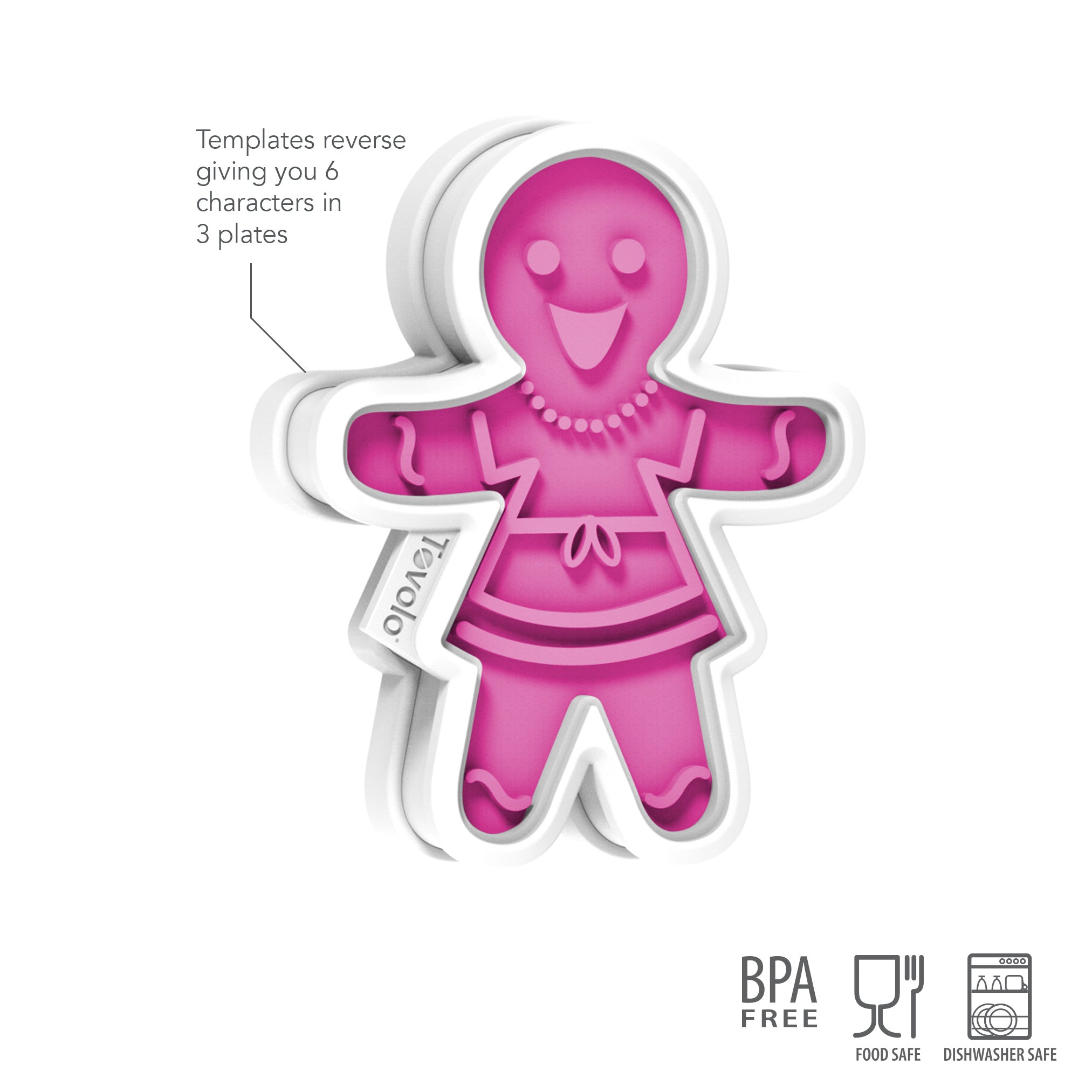 Gingerbread Cookie Cutters: Pink and white girls’ cutter with a smiling face and detailed outfit. Includes reversible templates, is BPA-free, food safe, and dishwasher safe—ideal for festive Christmas baking.