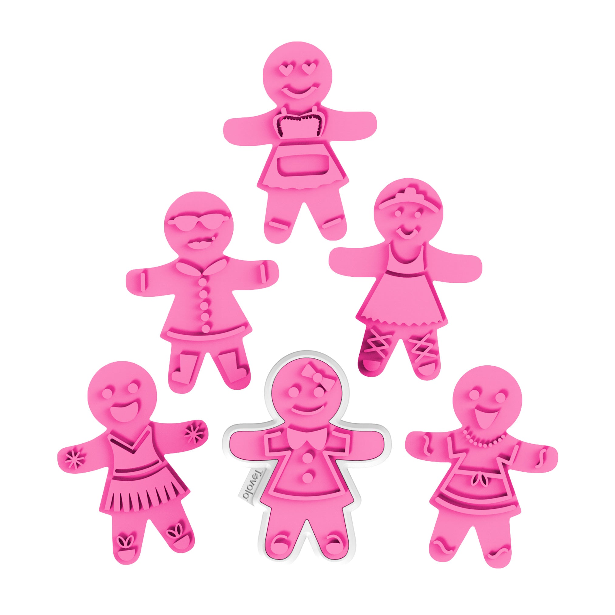 Six Gingerbread Cookie Cutters in pink, each with unique faces and outfits, are arranged in a circle with one highlighted at the bottom—perfect for festive Christmas cookies and winter baking fun.