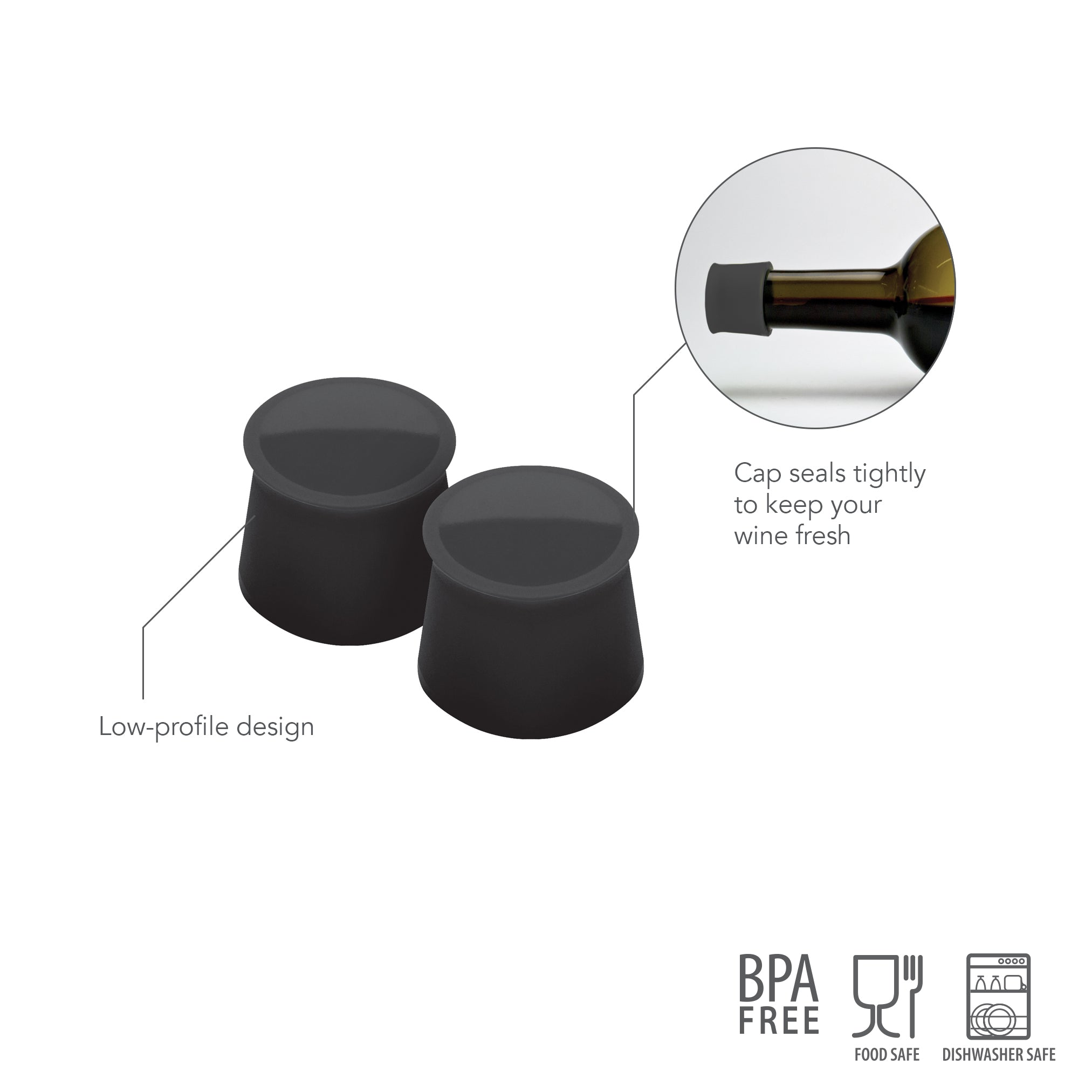 Two black, low-profile Silicone Wine Caps seal bottles to keep wine fresh. An inset shows a cap in use. Icons indicate the caps are BPA-free, food safe, and dishwasher safe.