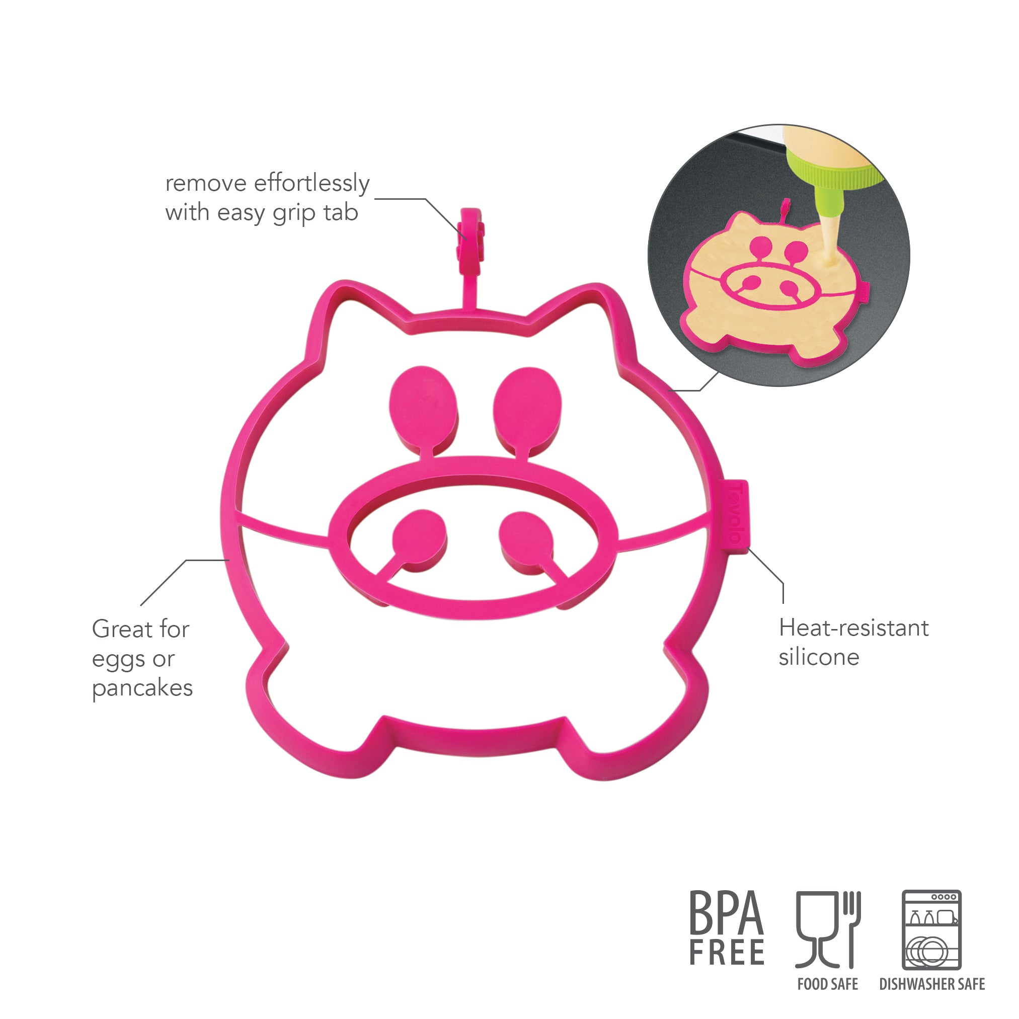 The Breakfast Shaper is a pink, pig face-shaped pancake mold made from BPA-free, heat-resistant silicone. Food safe and dishwasher safe, it features an easy grip tab for quick removal—perfect for making fun pancakes.